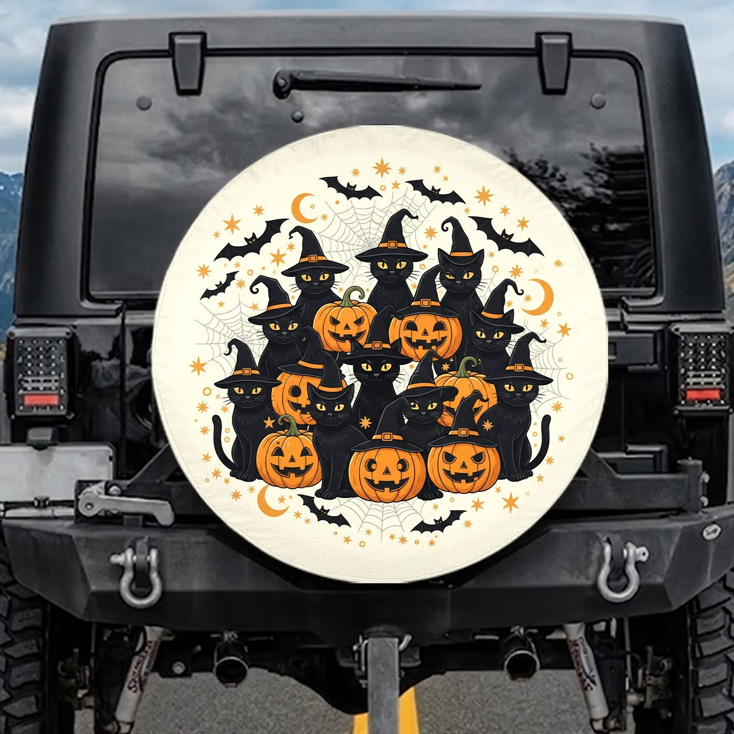 Black Cats Witch Hats Jack-o'-lanterns Bats Spiderwebs - Halloween Decor Gift for Cat Lover Spare Tire Cover - 1