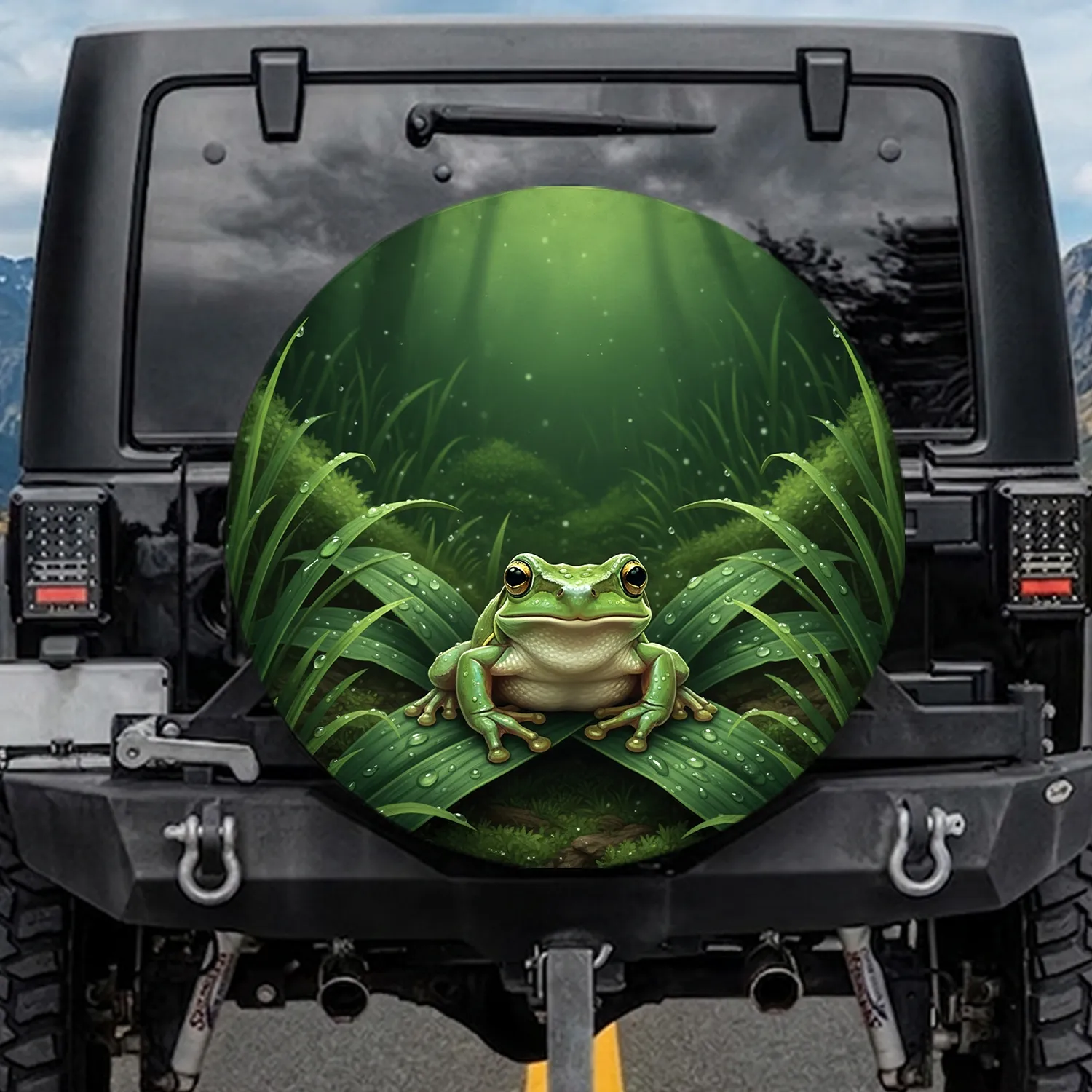 Green Tree Frog Gold-Rimmed Eyes Lush Verdant Dewy Jungle Grass - Wildlife Lover Gift Spare Tire Cover - 1