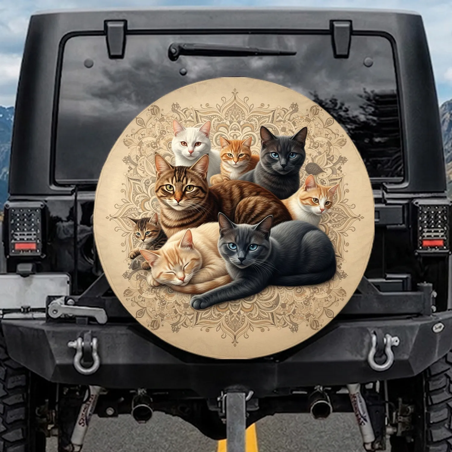 Domestic Cats Tabbies Ginger Siamese Geometric Mandala Floral - Home Decor Gift for Cat Lovers Spare Tire Cover - 1