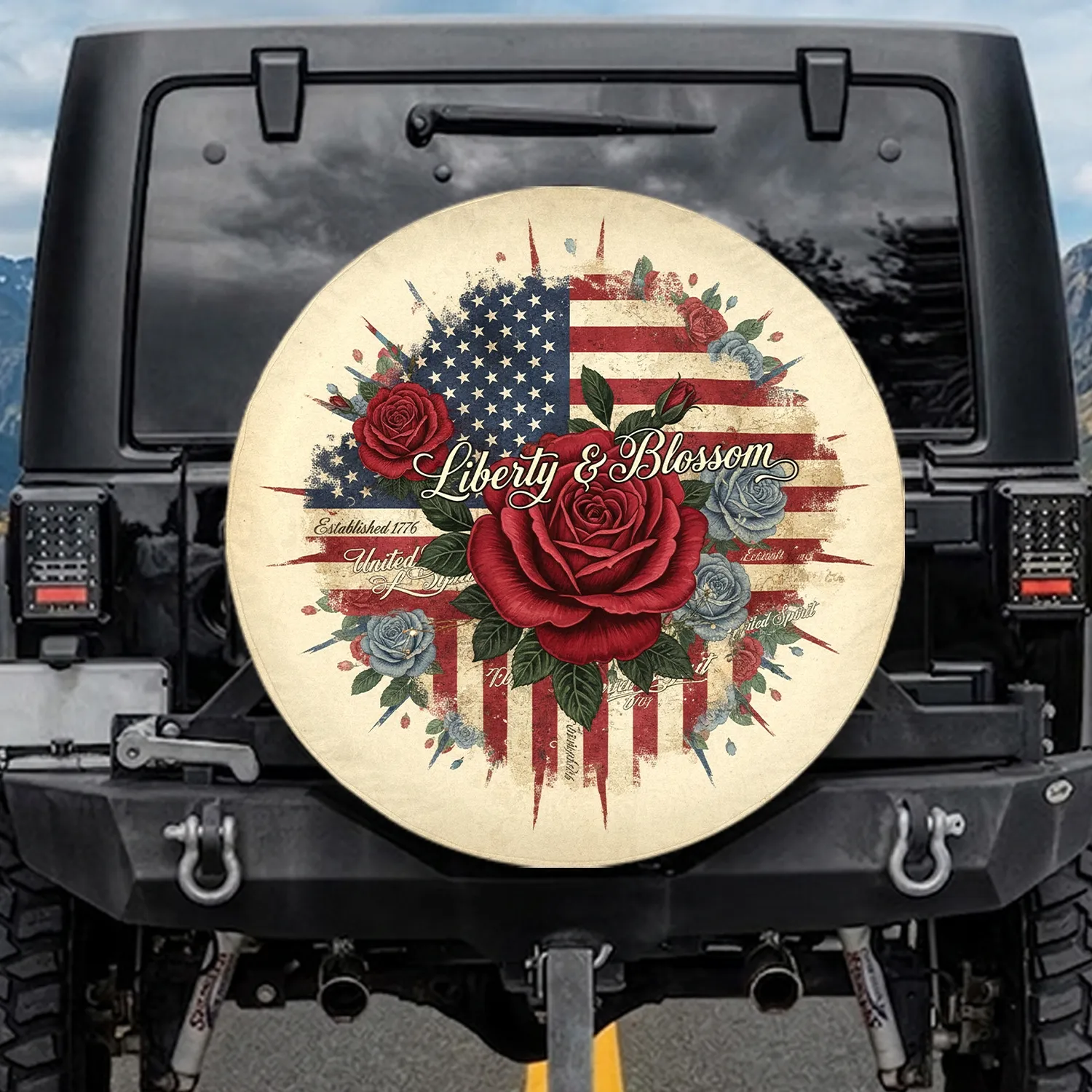 Vintage American Flag Red Rose Cursive Script - Patriotic Gift for Veterans Spare Tire Cover - 1