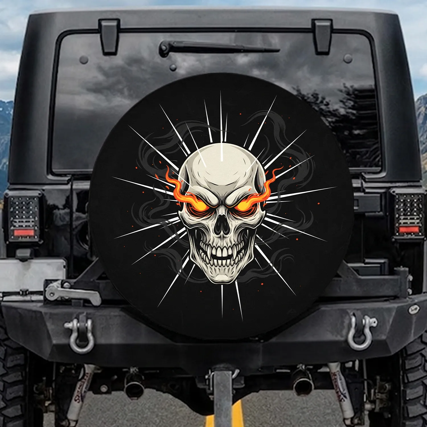 Menacing Skull Fiery Orange Eyes Jagged Teeth - Vehicle Accessory for Truck Owners Spare Tire Cover - 1