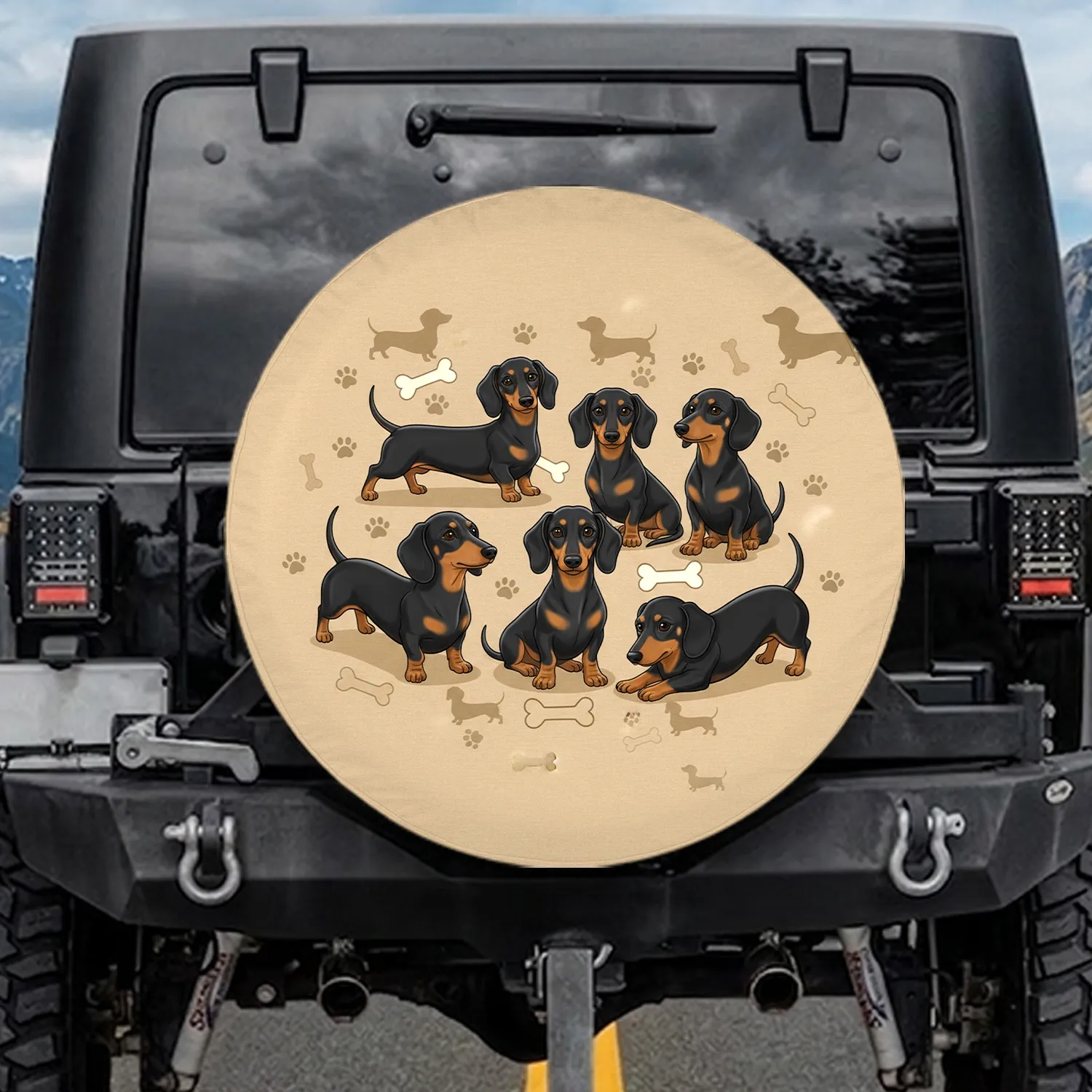 Black Tan Dachshunds Walking Sitting Peeking Silhouette Bone Paw Print - Dog Lover Gift Spare Tire Cover - 1