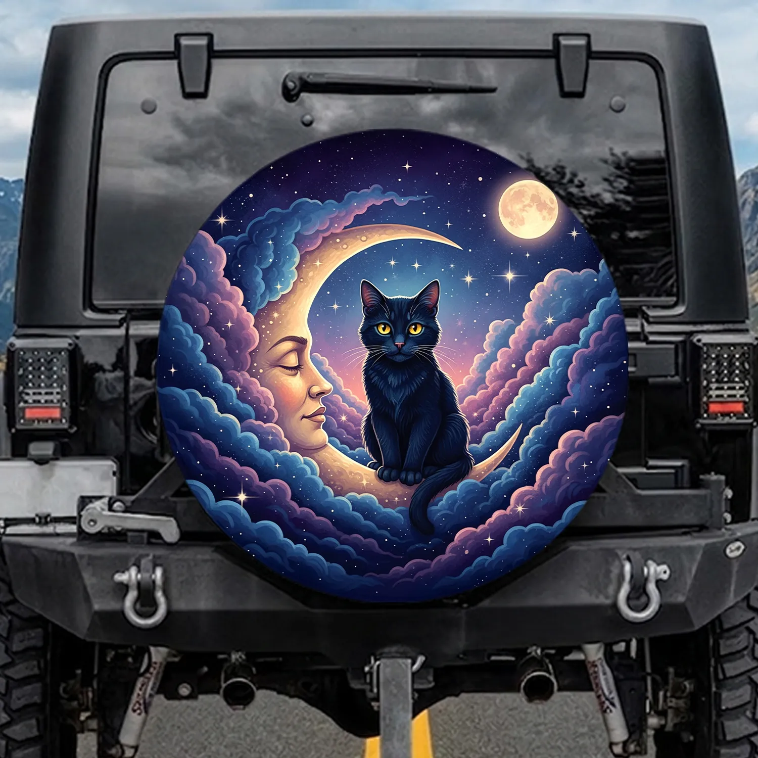 Black Cat Crescent Moon Celestial Stars - Home Decor Gift for Cat Lover Spare Tire Cover - 1
