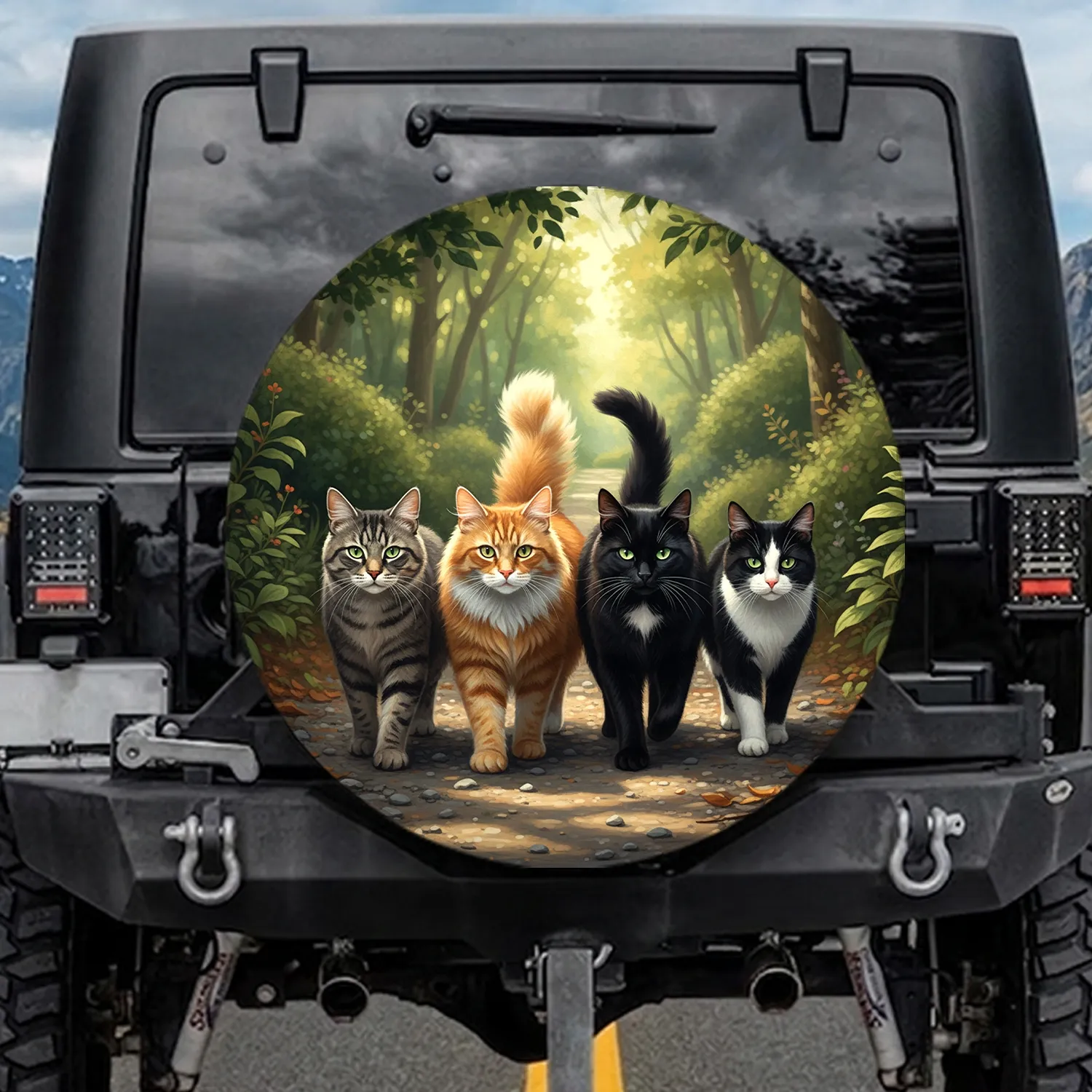 Walking Tabby Orange Black White Cats Woodland Path - Pet Lover Gift Spare Tire Cover - 1