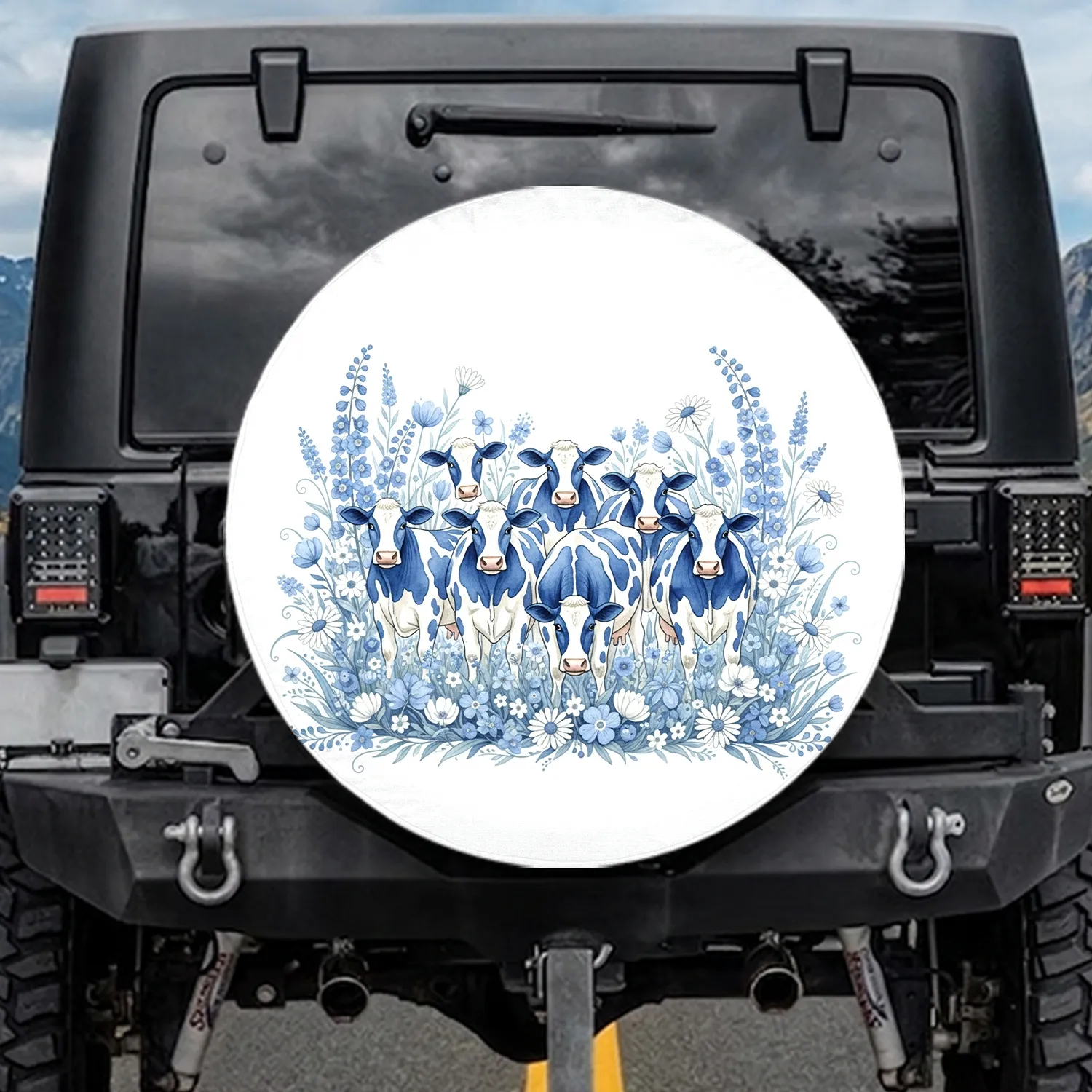 Blue Dairy Cow Wildflower Meadow - Farmhouse Home Decor Gift for Cow Lover Spare Tire Cover - 1