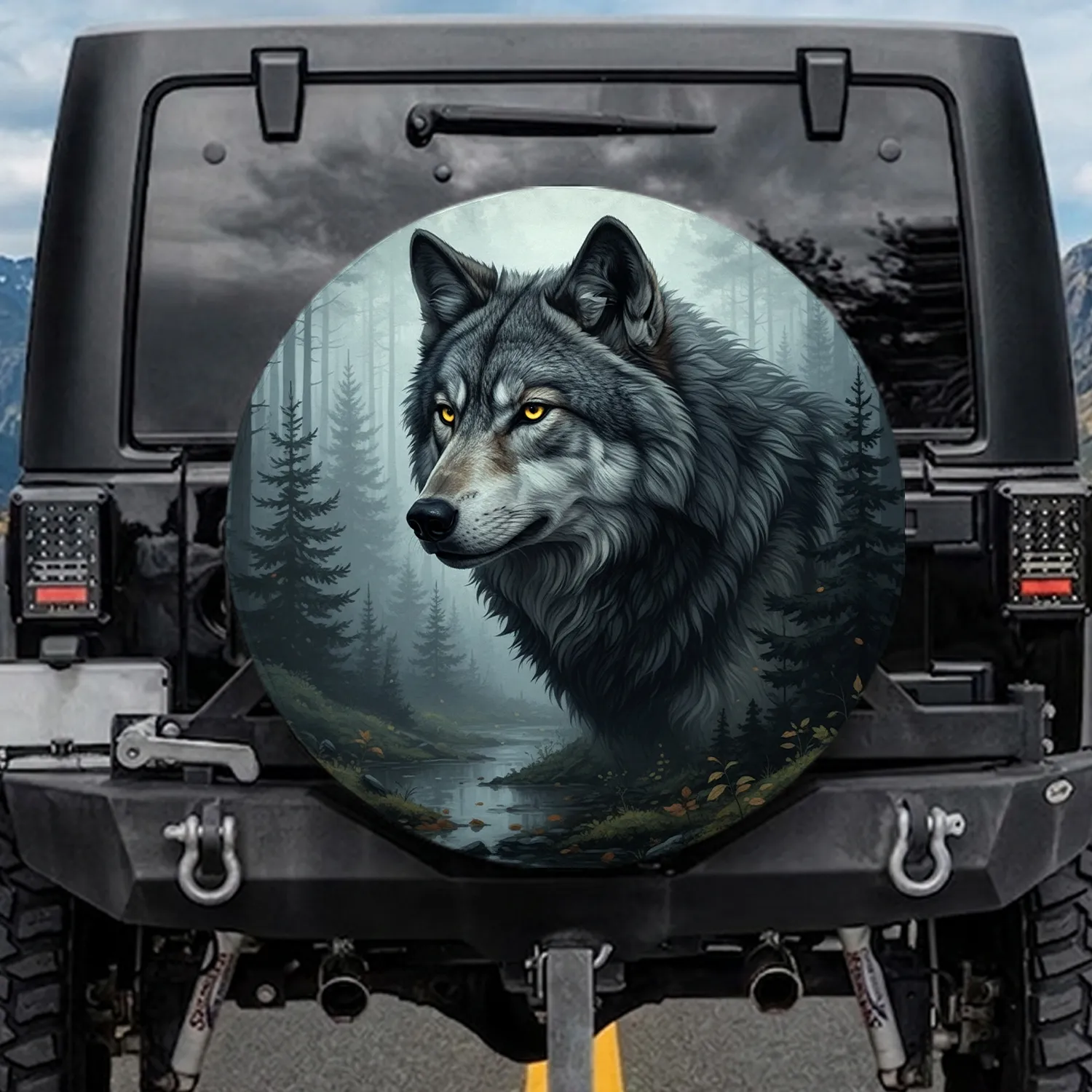 Majestic Gray Wolf Piercing Yellow Eyes Deep Forest - Wildlife Lover Gift Spare Tire Cover - 1