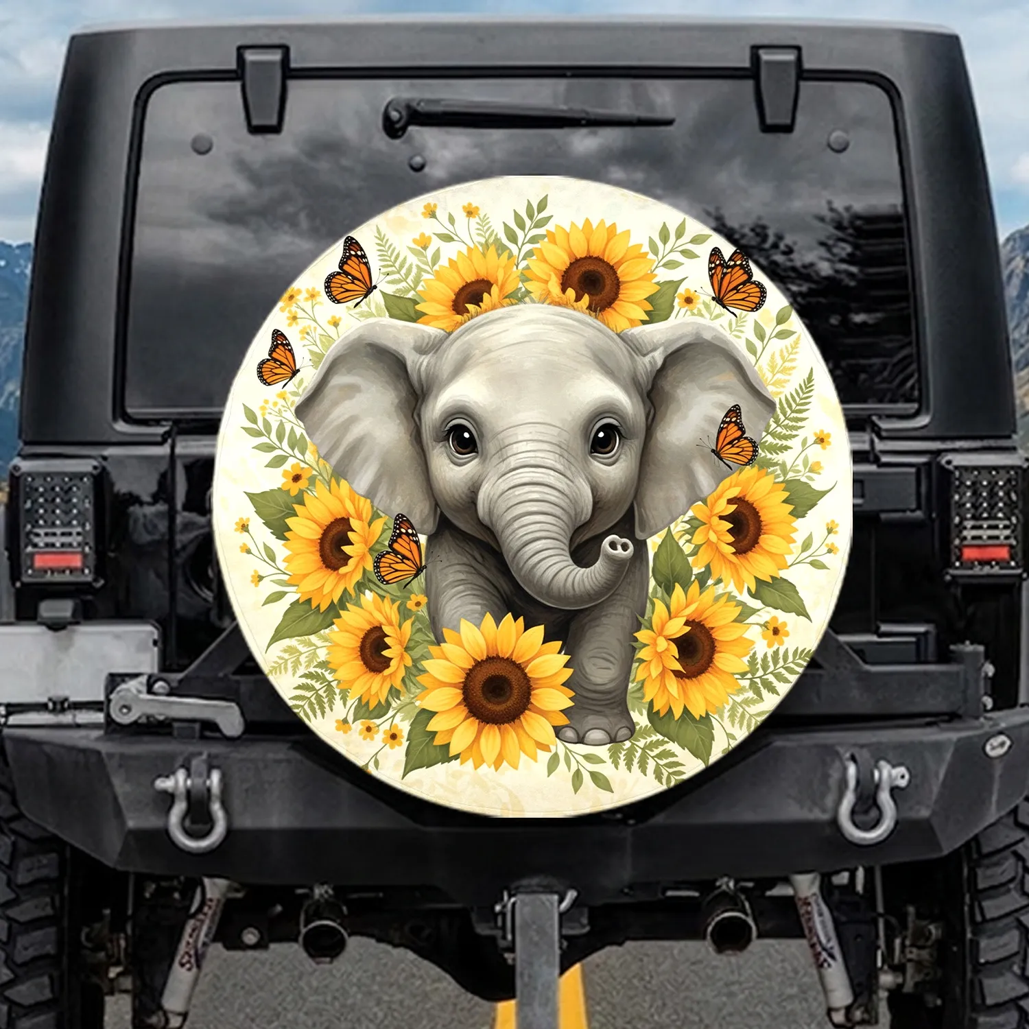 Baby Elephant Sunflowers Monarch Butterflies - Outdoor Life Decor Gift for Garden Lovers Spare Tire Cover - 1