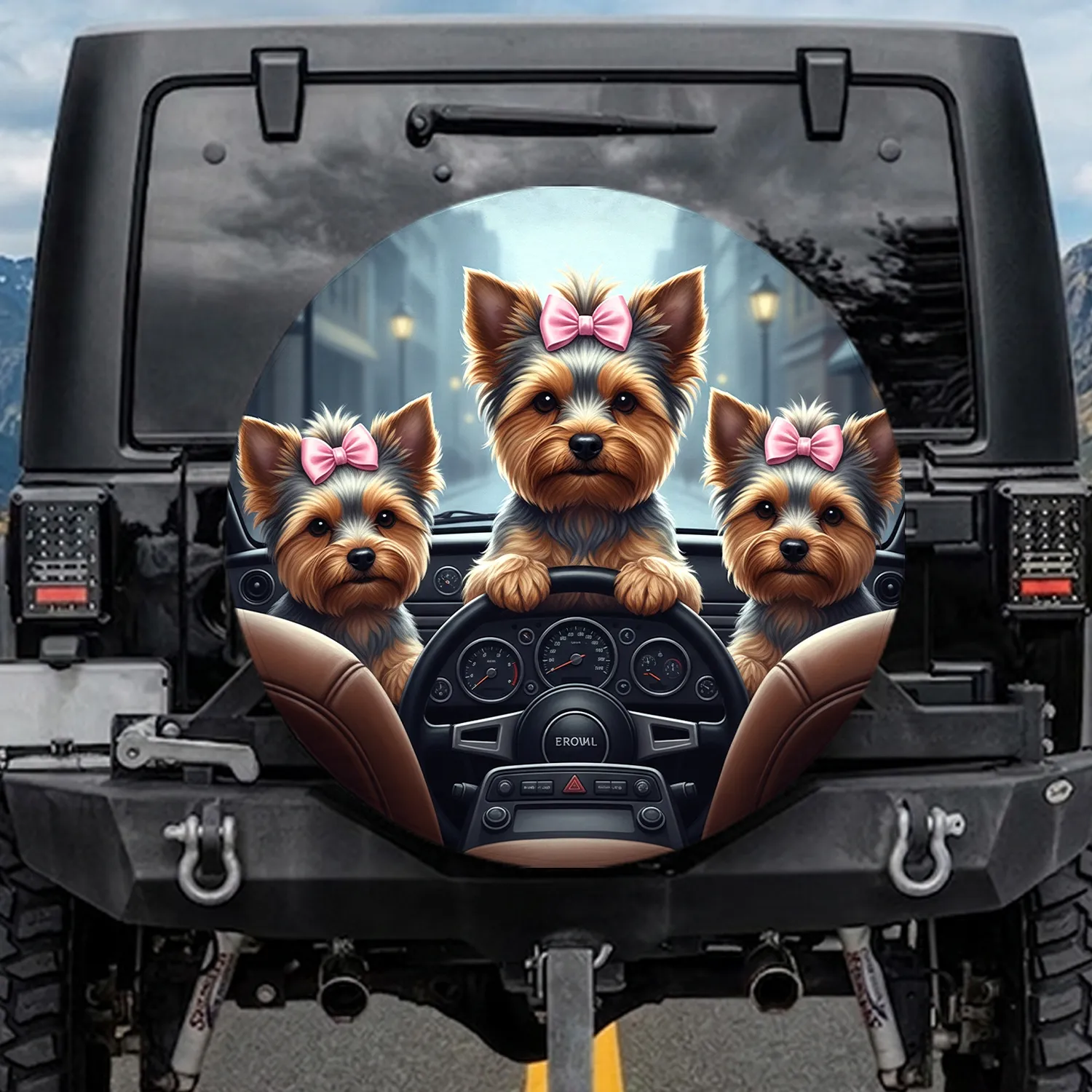 Three Yorkshire Terriers Driving Car - Dog Lover Gift Spare Tire Cover - 1