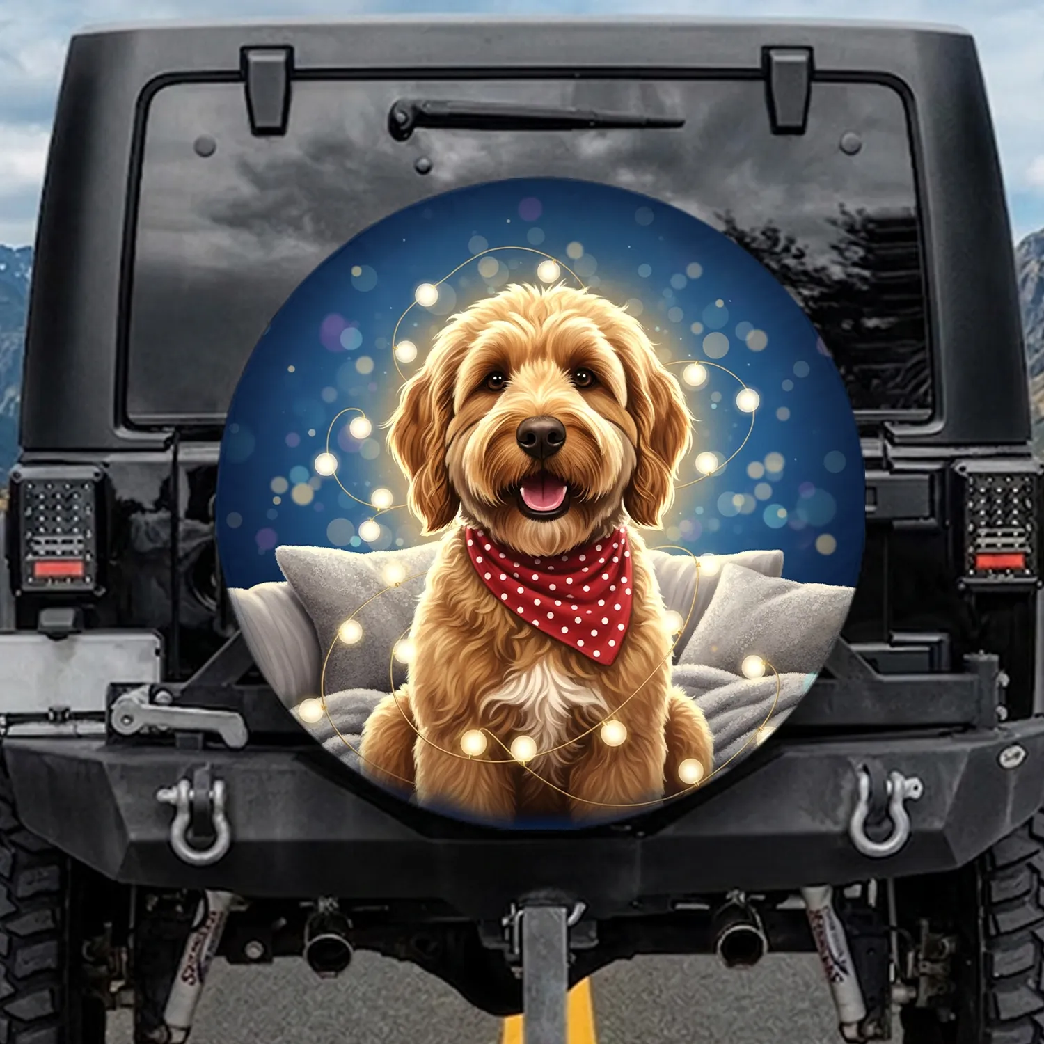 Smiling Fluffy Goldendoodle Labradoodle Dog Red Bandana - Dog Lover Travel Accessory Spare Tire Cover - 1