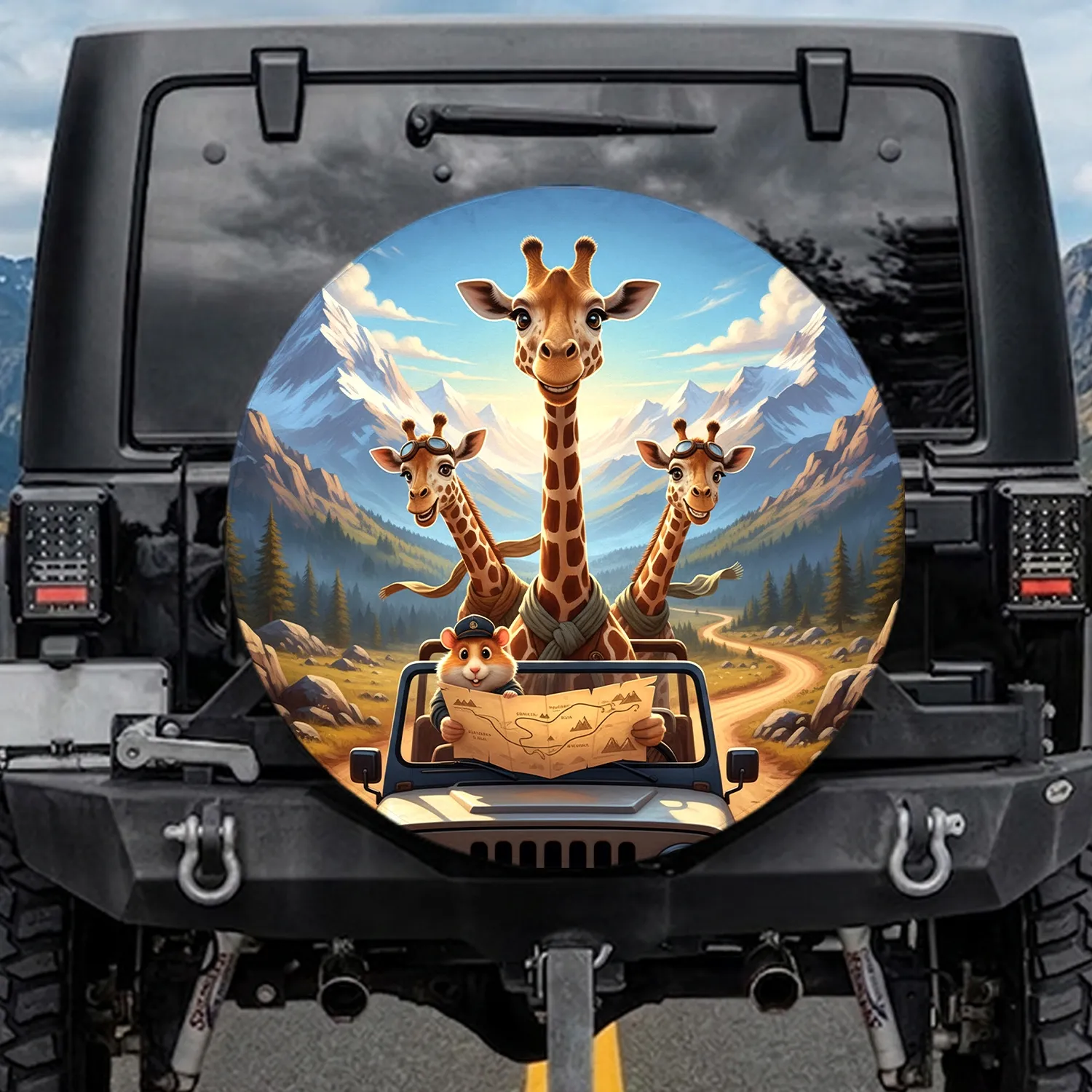 Giraffe Hamster Mountain Road Trip - Adventure Travel Gift for Animal Lovers Spare Tire Cover - 1