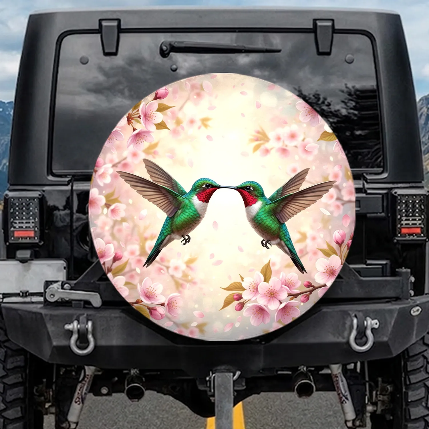 Ruby Hummingbirds Cherry Blossom Garden - Wildlife Lover Gift Spare Tire Cover - 1