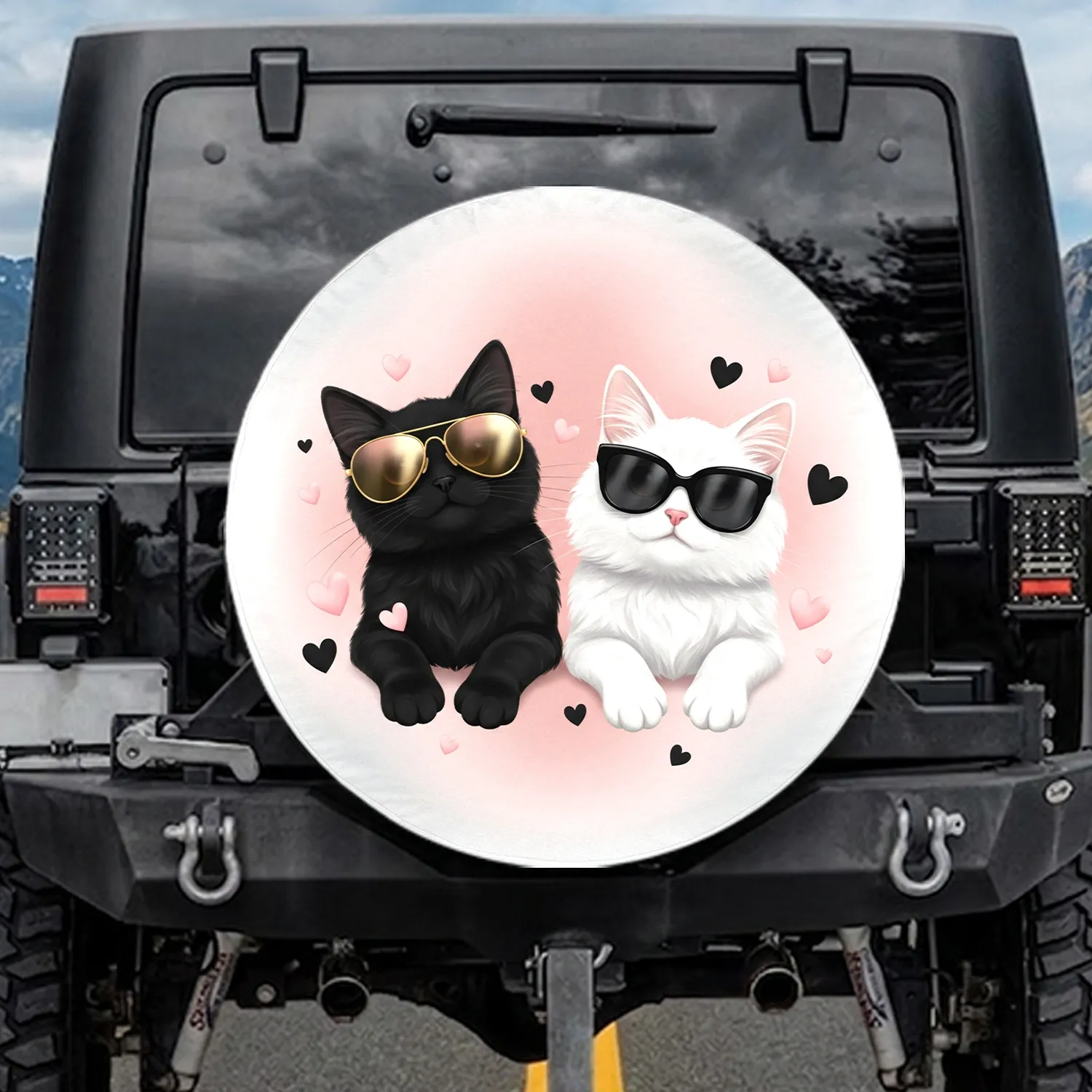 Sleek Black Fluffy White Cats Gold Sunglasses Pink Hearts - Everyday Decor Gift for Cat Lover Spare Tire Cover - 1