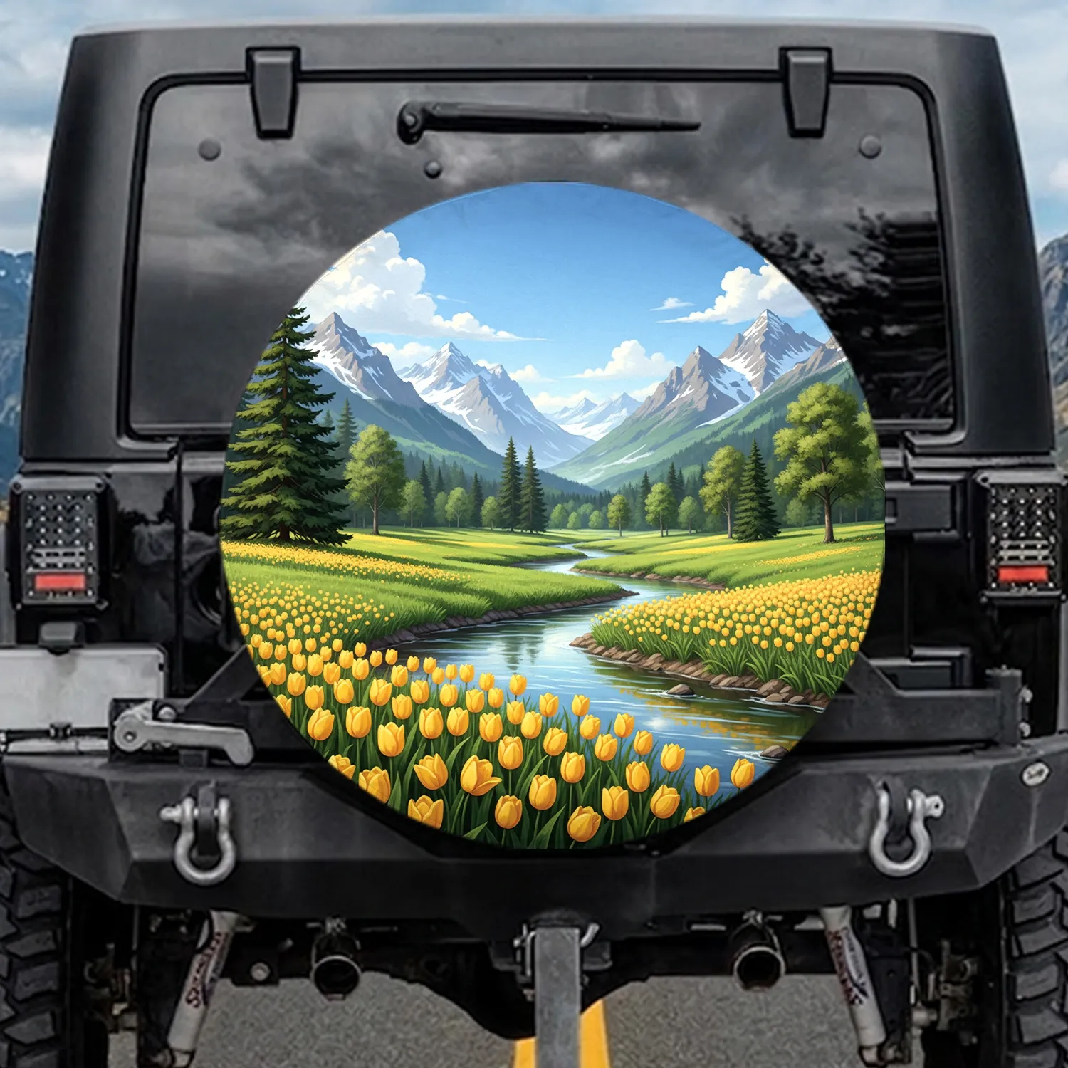 Yellow Tulips River Alpine Meadow Valley - Nature Lover Home Decor Gift Spare Tire Cover - 1