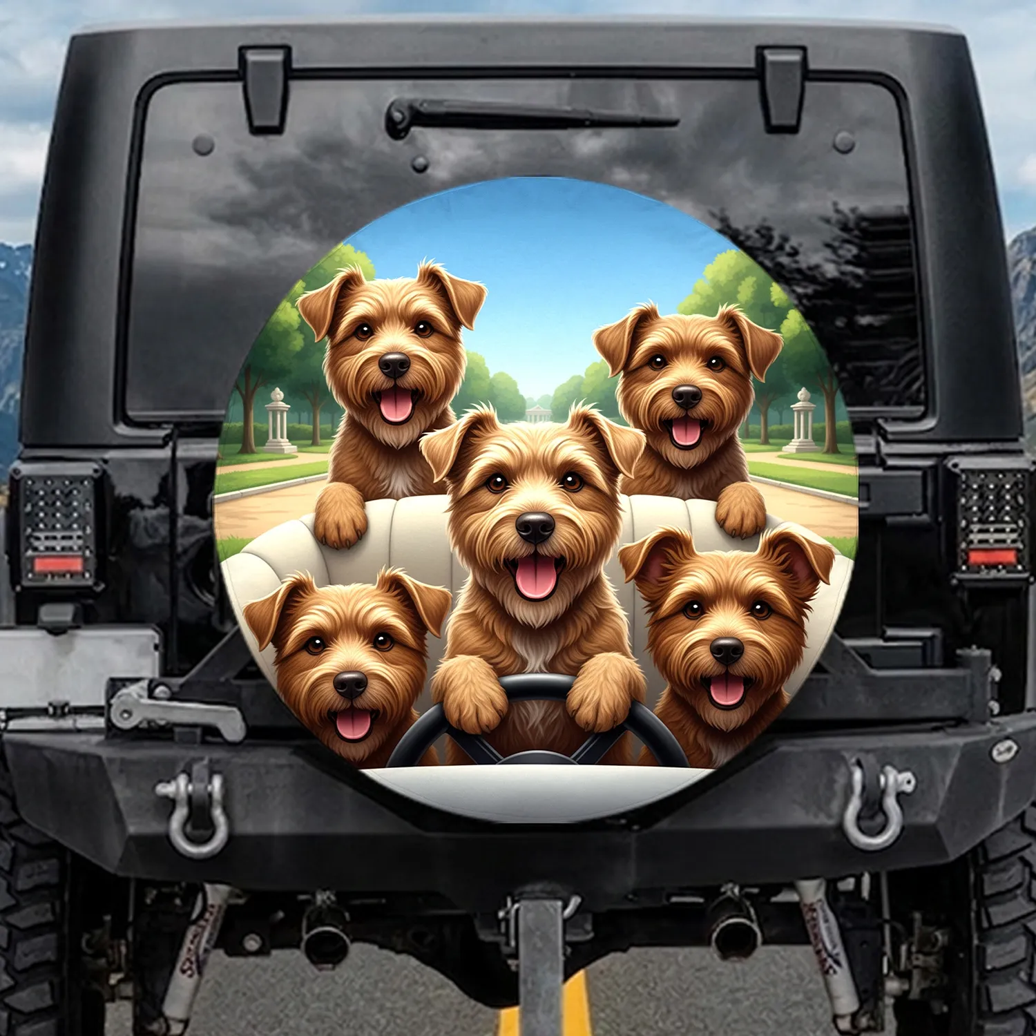 Group of Six Terrier Dogs Driving Paws on Steering Wheel Urban Park - Dog Lover Gift Spare Tire Cover - 1