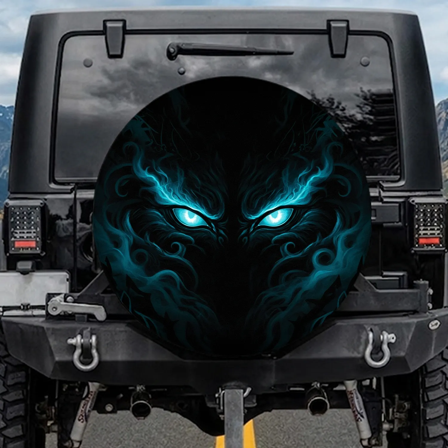 Glowing Cyan Eyes Shadowy Predator - Watchful Presence Car Decor Spare Tire Cover - 1