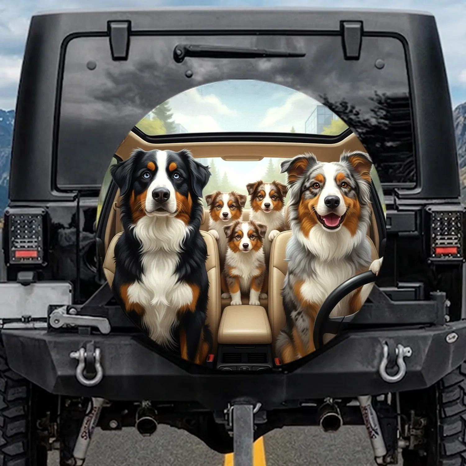 Five Tricolor Australian Shepherds Vehicle Interior Road Trip - Dog Lover Gift Spare Tire Cover - 1