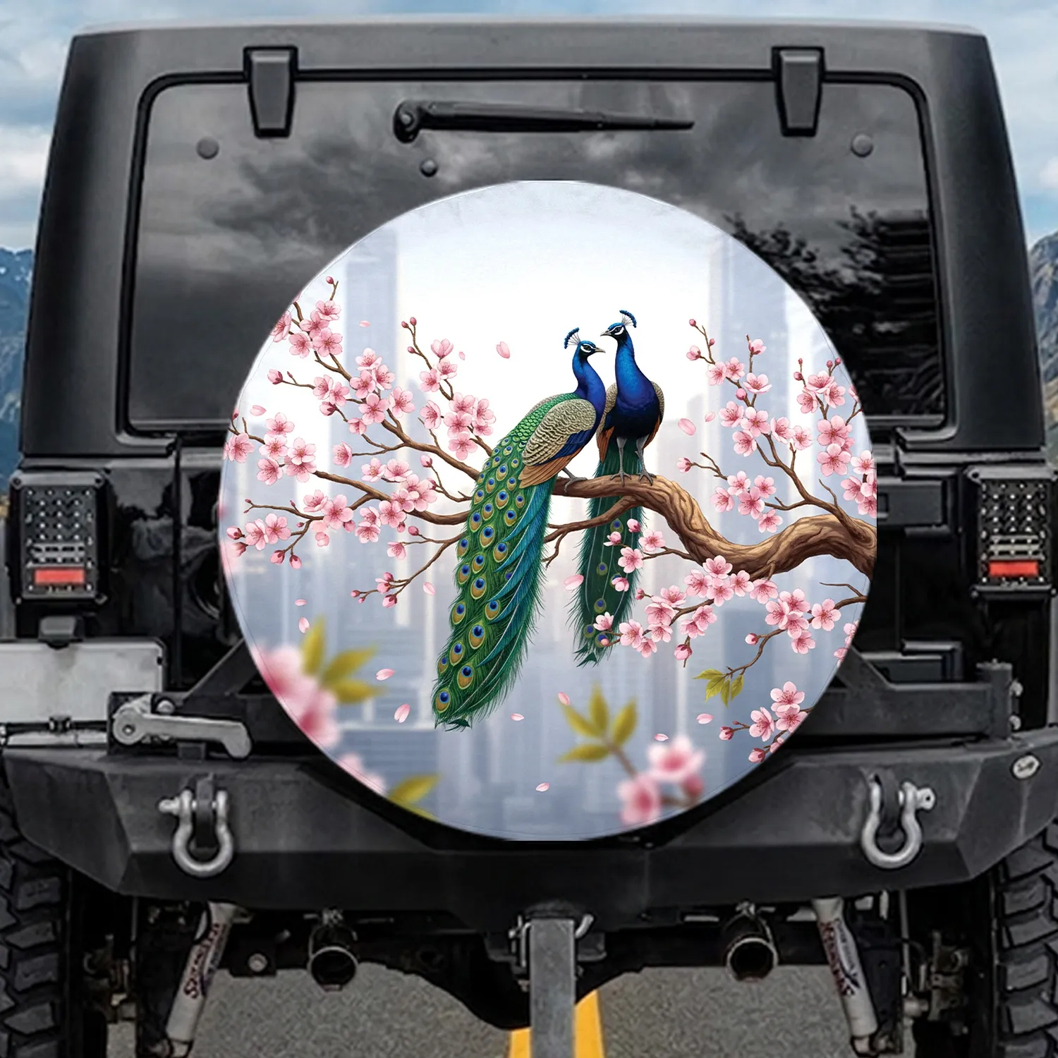 Peacocks Cherry Blossom Urban Skyline - Wildlife Lover Gift for Bird Lovers Spare Tire Cover - 1