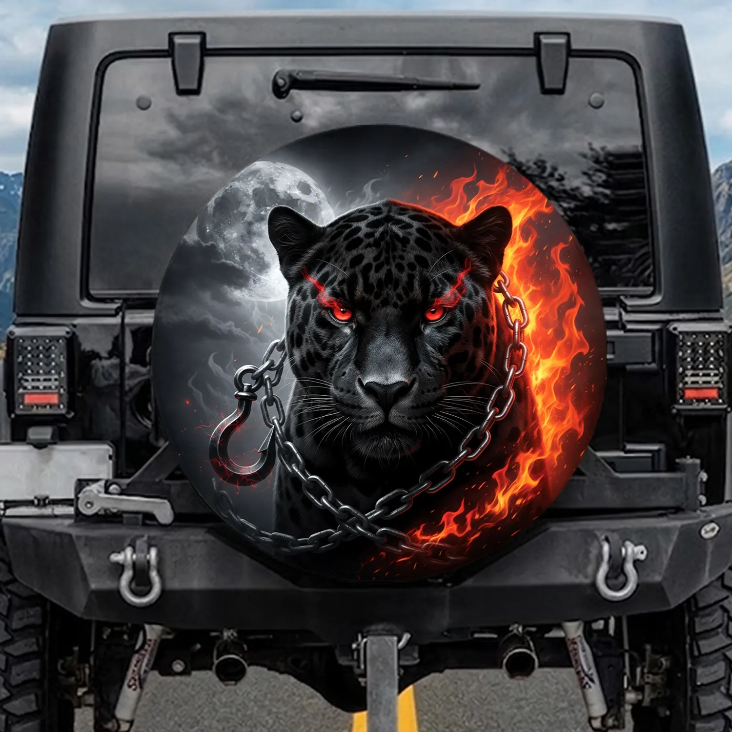 Jaguar Head Chains Flames Moon Hook - Car Enthusiast Gift Spare Tire Cover - 1