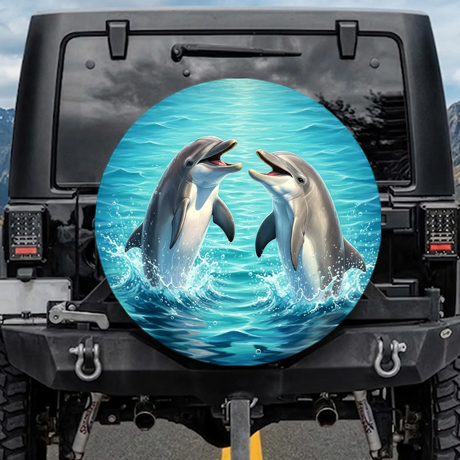 Bottlenose Dolphins Playful Ocean Scene with Water Splashes - Marine Wildlife Lover Gift Spare Tire Cover - 1