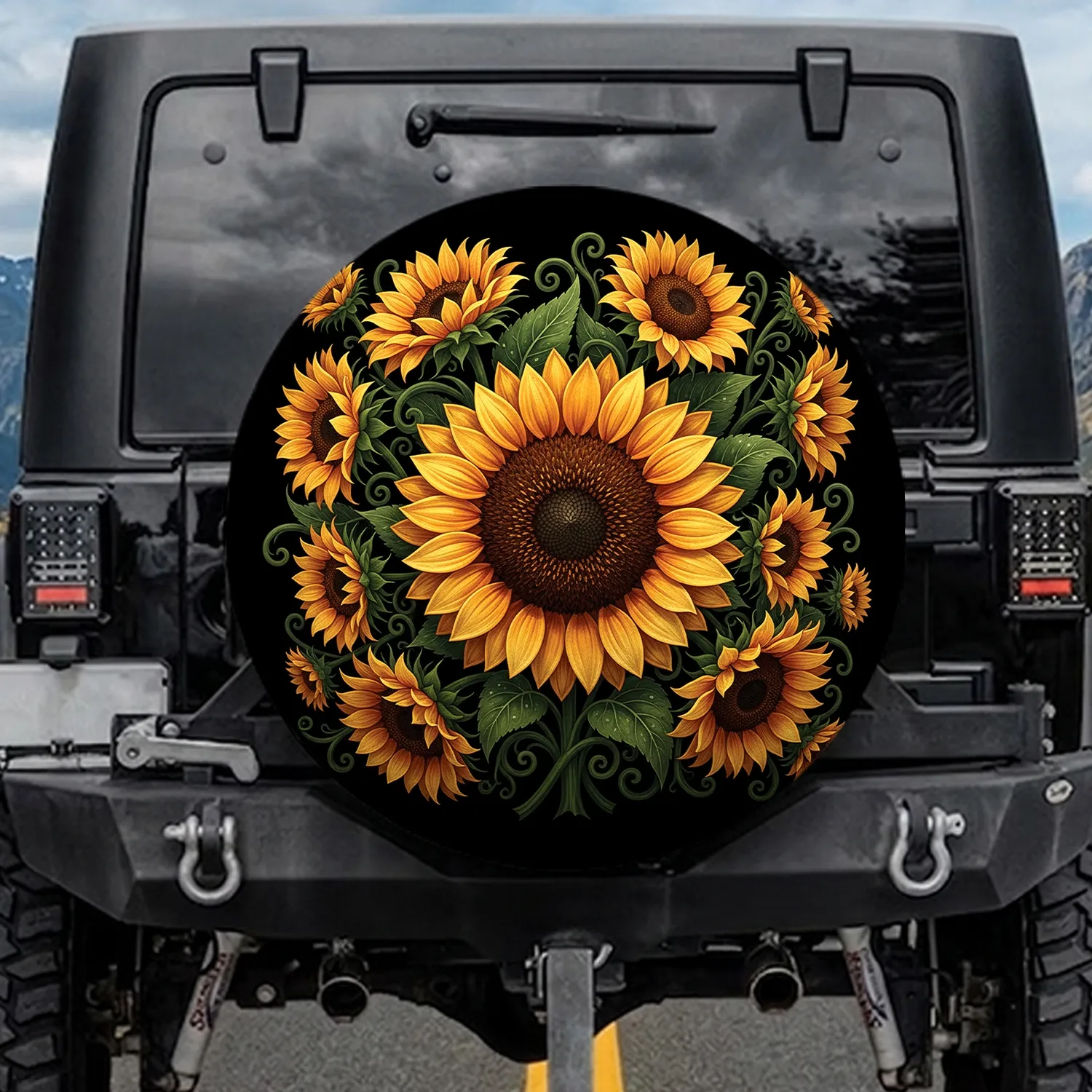 Deep Velvety Black Background Vibrant Sunflower Botanical Foliage Stems - Garden Lover Gift Spare Tire Cover - 1