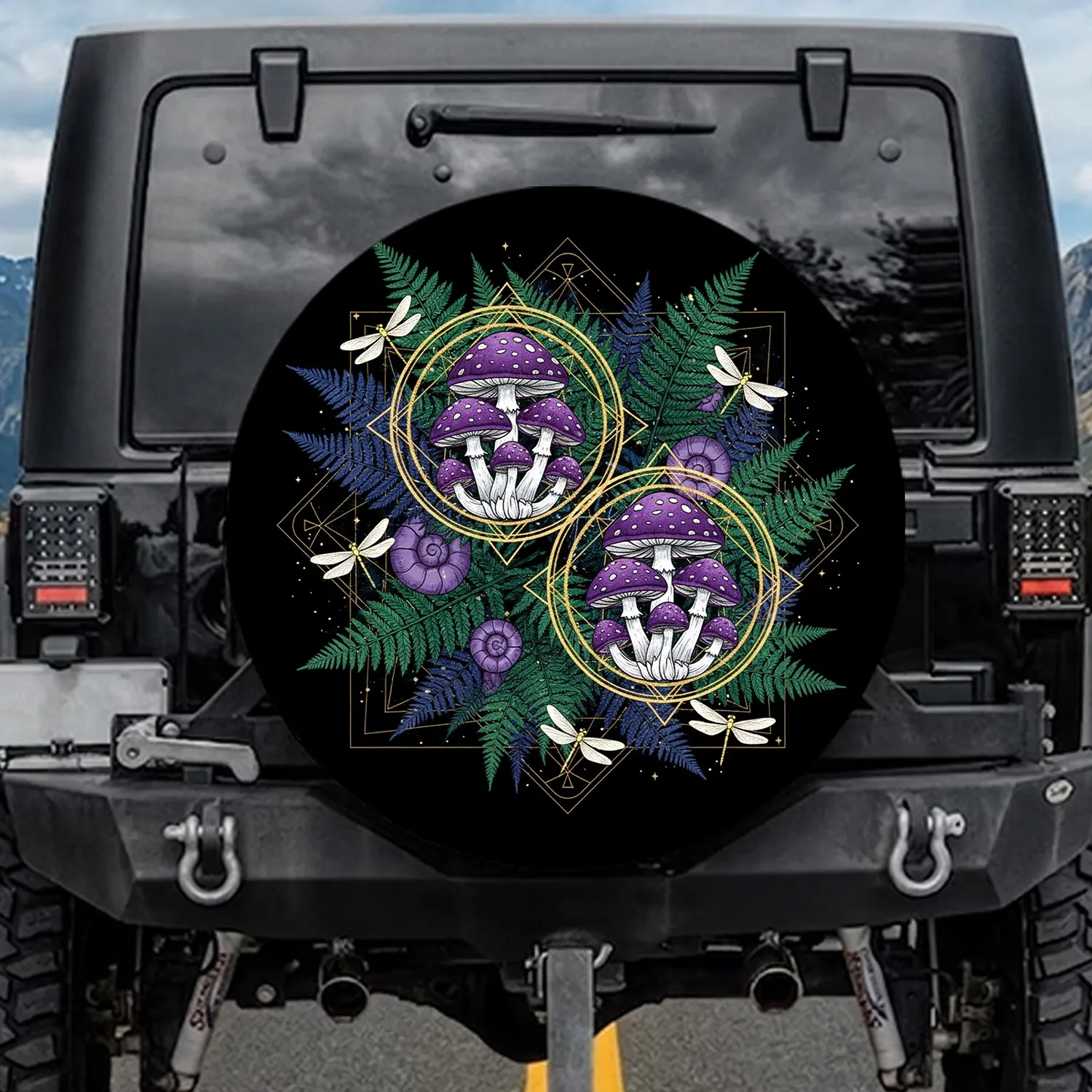 Purple Cap Mushroom Golden Halo Fern Dragonfly - Outdoor Enthusiast Gift Spare Tire Cover - 1