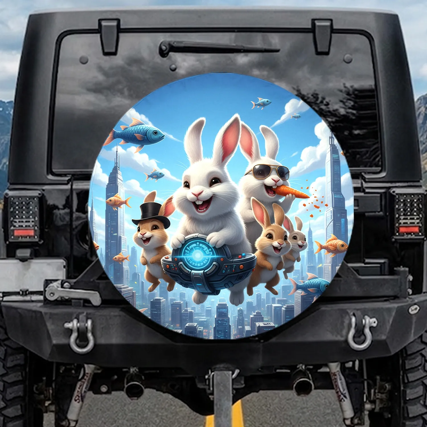 Rabbit Characters Cityscape Fish - Imaginative Journey Gift for Rabbit Lover Spare Tire Cover - 1