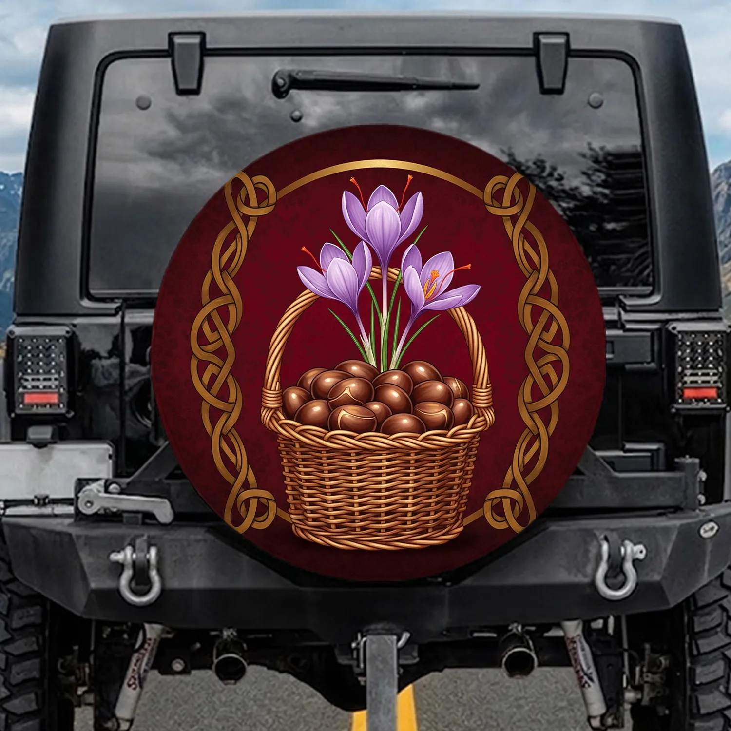 Saffron Crocus Wicker Basket Knotwork Damask - Home Decor Gift for Garden Lover Spare Tire Cover - 1
