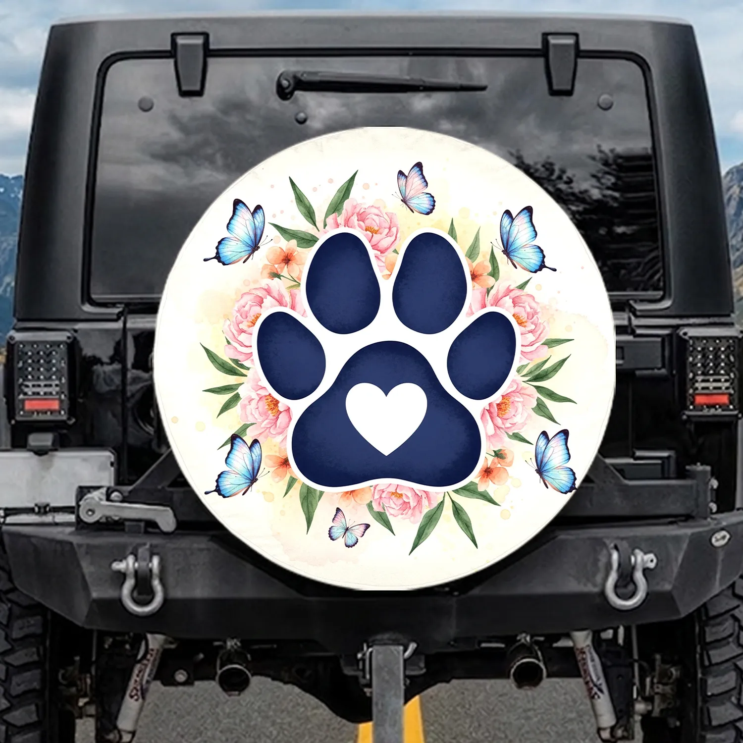 Paw Print Floral Wreath Butterflies - Home Decor Gift for Wildlife Lover Spare Tire Cover - 1