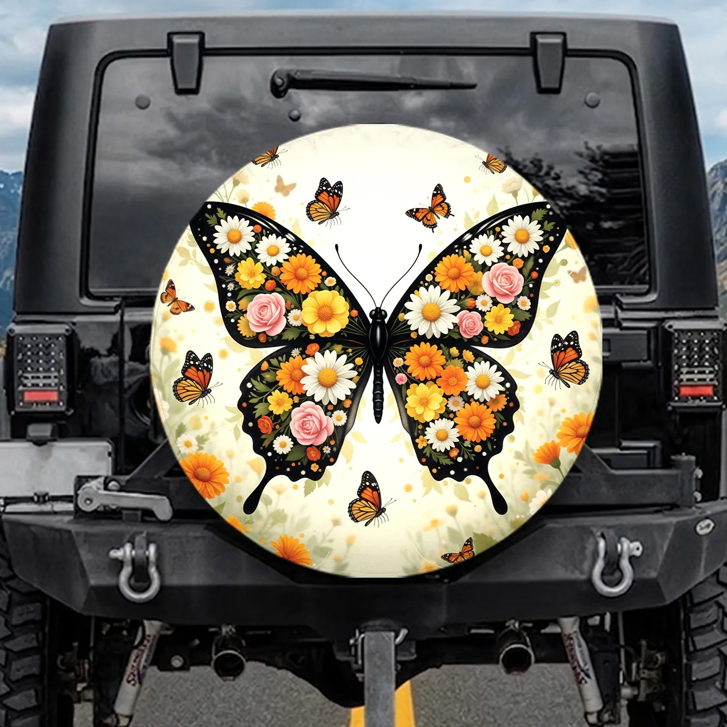 Butterfly Daisies Marigolds Roses Garden Monarchs - Garden Lover Gift Spare Tire Cover - 1
