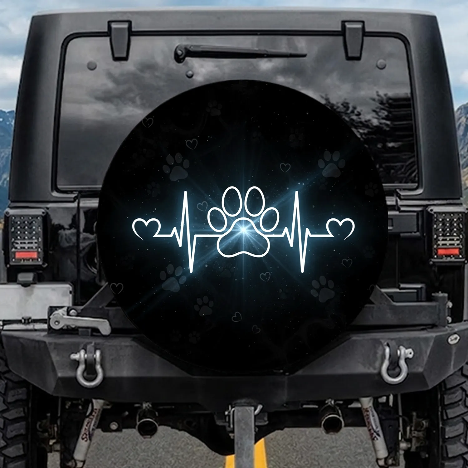 White Paw Print Heartbeat Heart Cosmic Sky - Pet Lover Gift Spare Tire Cover - 1
