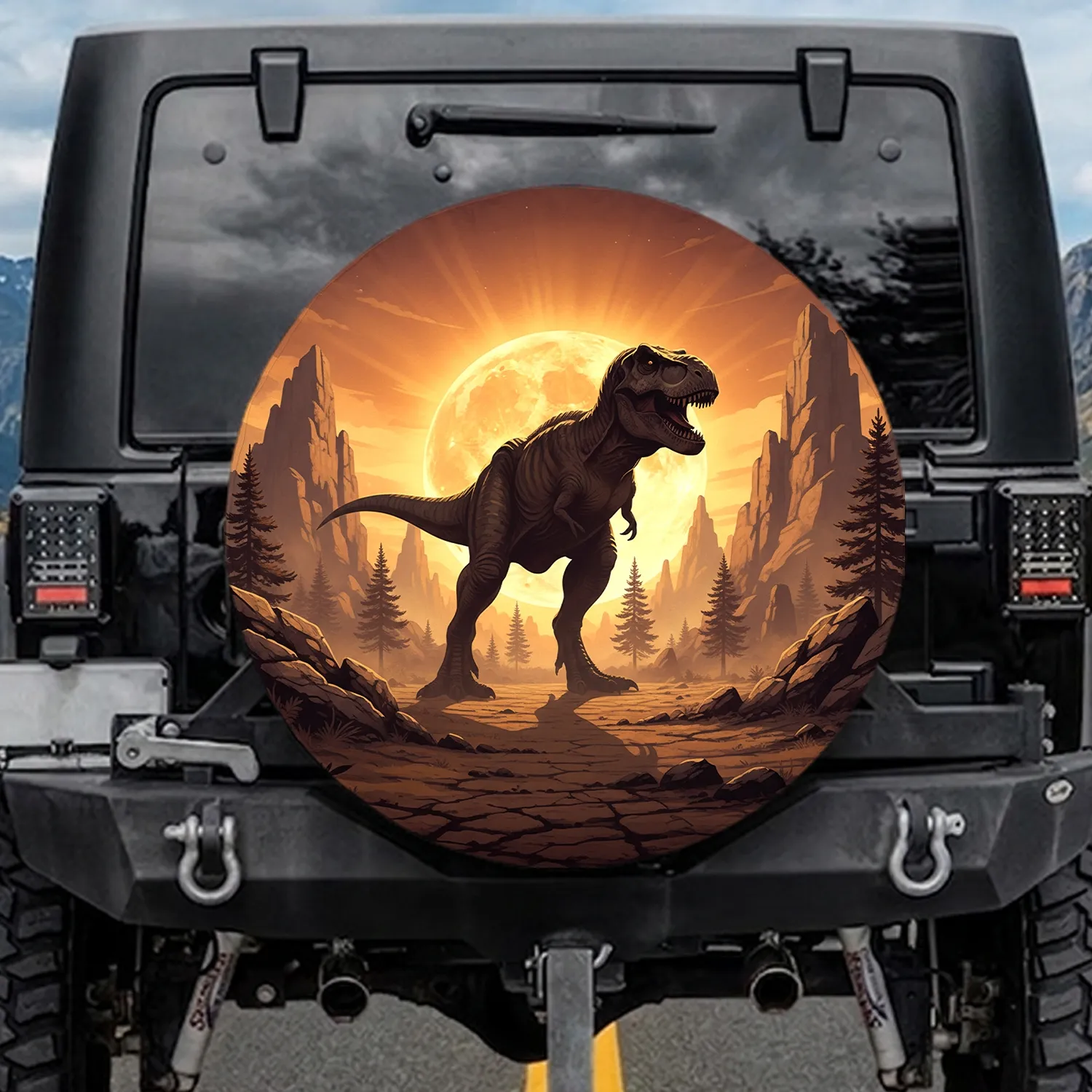 Powerful T-Rex Prehistoric Landscape - Dinosaur Adventure Gift Spare Tire Cover - 1