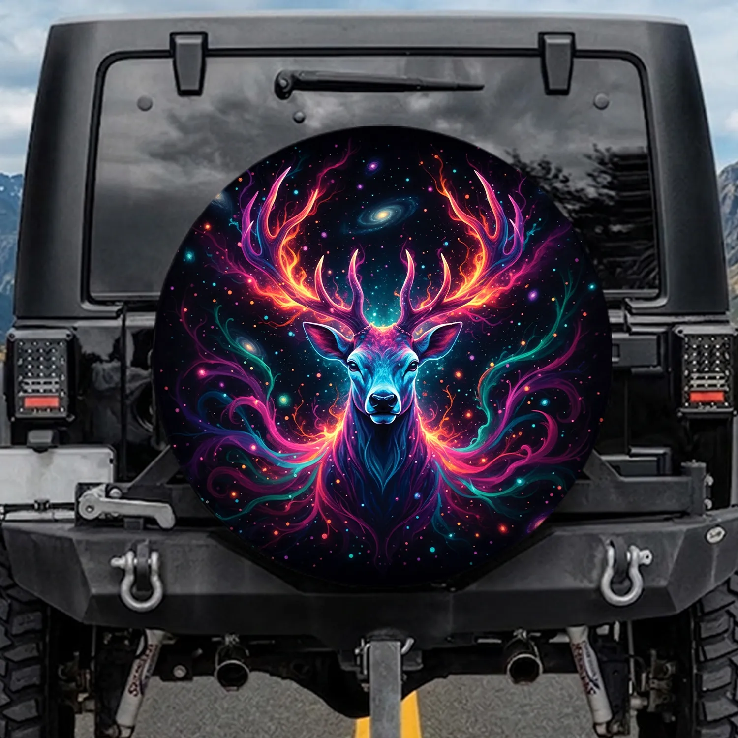 Electric Cyan Neon Stag Head Antlers - Cosmic Swirls Wildlife Travel Gift Spare Tire Cover - 1