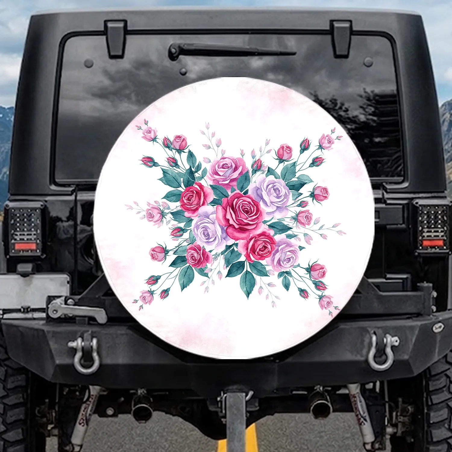 Fuchsia Lavender Roses Teal Leaves - Home Decor Gift for Flower Lover Spare Tire Cover - 1