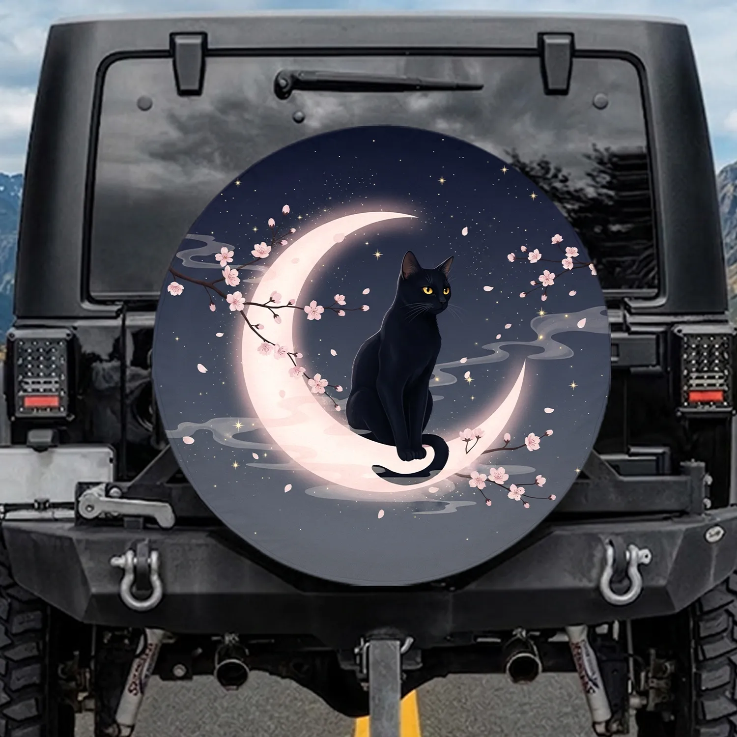 Black Cat Crescent Moon Cherry Blossom Twilight Sky - Home Decor Gift for Cat Lover Spare Tire Cover - 1