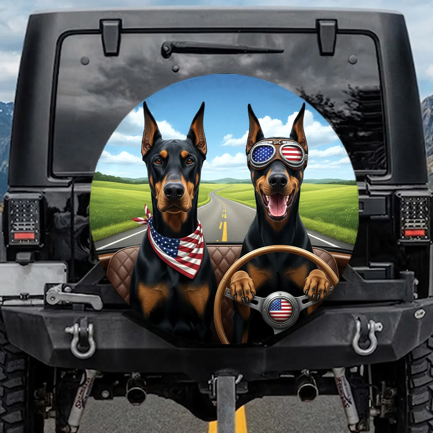 Doberman Pinschers American Flag Highway View - Patriotic Gift for Dog Lovers Spare Tire Cover - 1