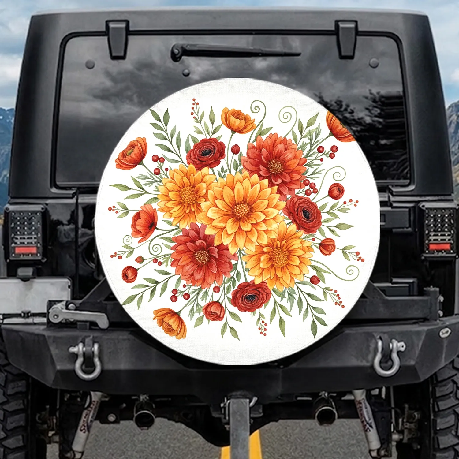 Lush Botanical Marigold Dahlia Chrysanthemum Floral - Garden Lover Gift Spare Tire Cover - 1