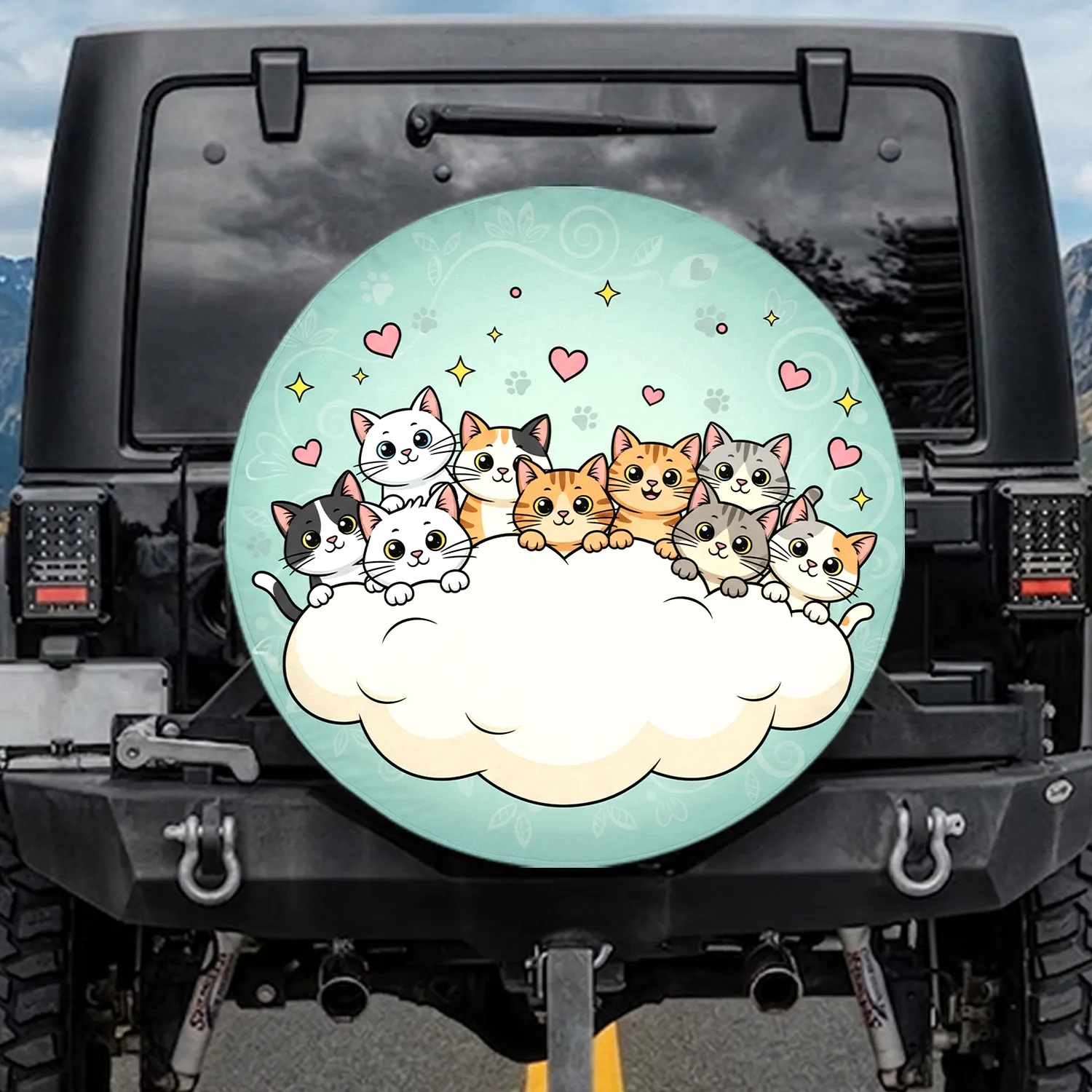 Eight Cartoon Cats Hearts Paw Prints Pastel Teal - Cat Lover Gift for Cat Owners Spare Tire Cover - 1