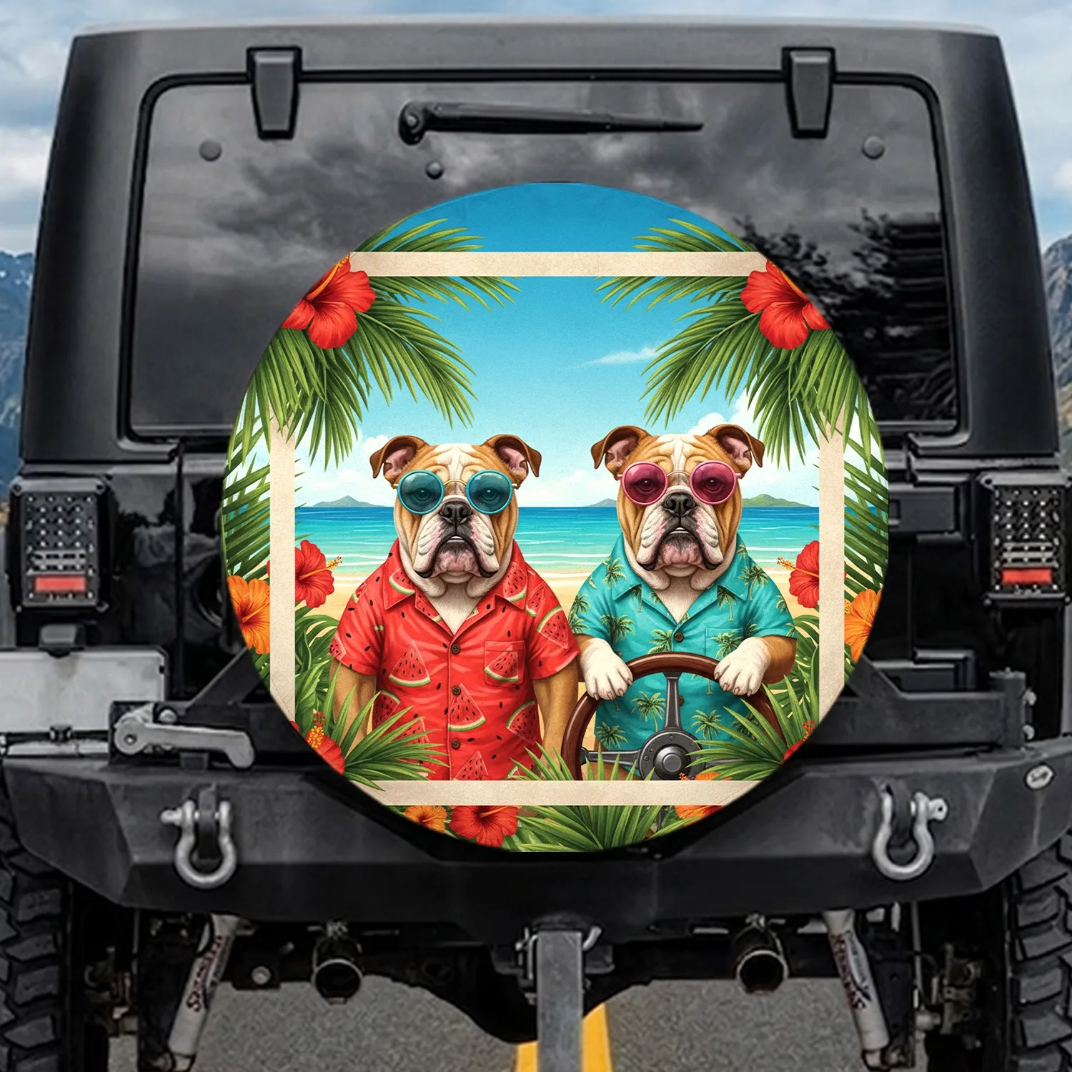 English Bulldogs Hawaiian Beach - Tropical Lifestyle Gift for Dog Lovers Spare Tire Cover - 1