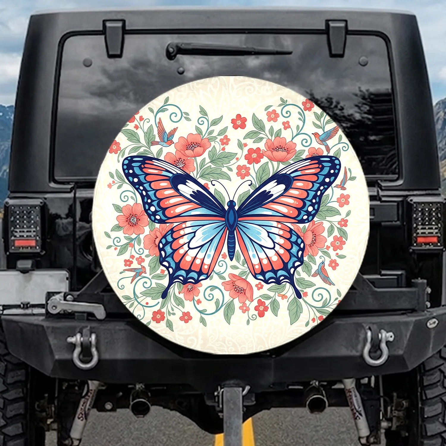 Dark Blue Butterfly Coral Pink Flowers Sage Green Foliage Birds - Home Decor Gift Spare Tire Cover - 1