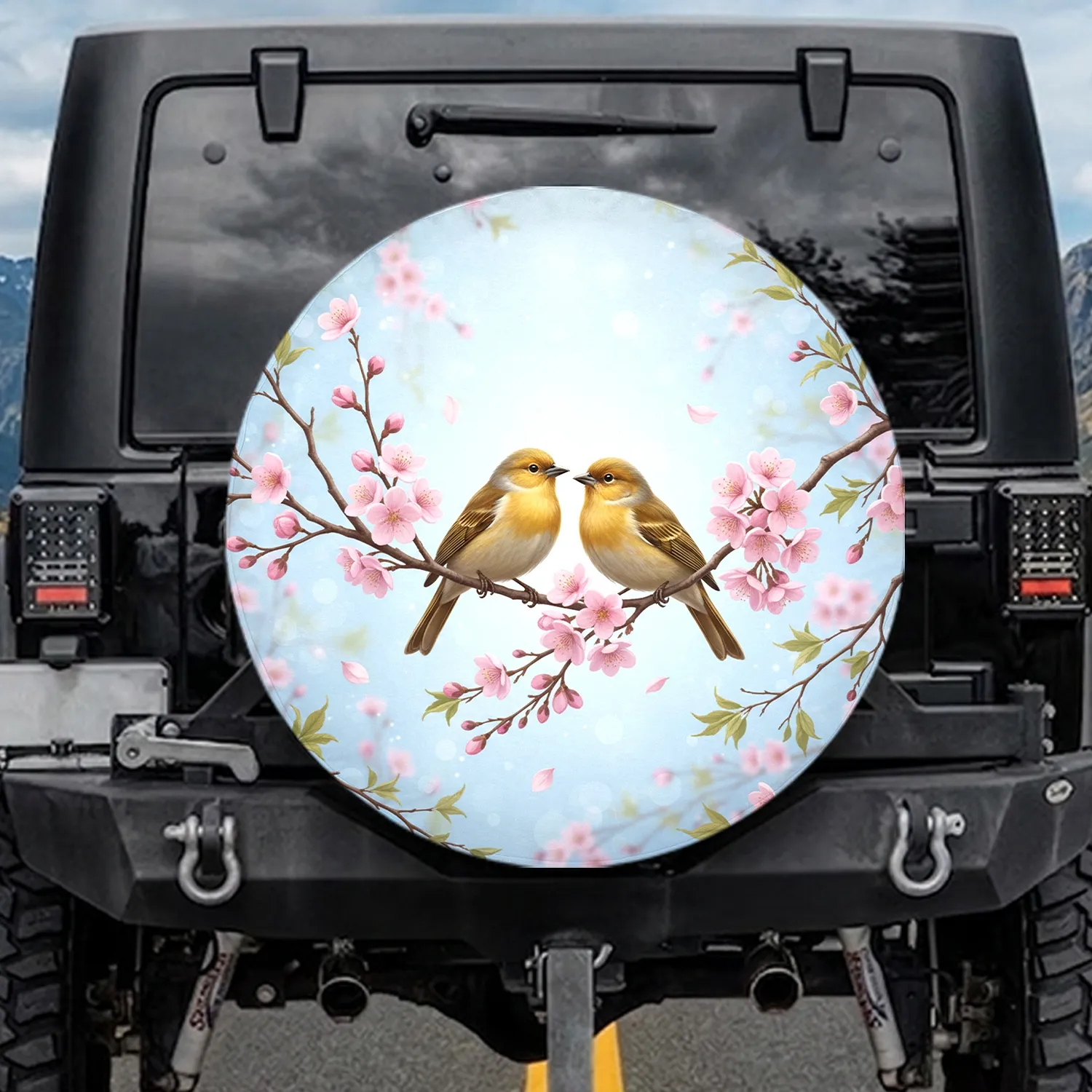Songbirds Perched Cherry Blossoms Branch Blue Sky - Nature Lover Gift for Bird Lovers Spare Tire Cover - 1