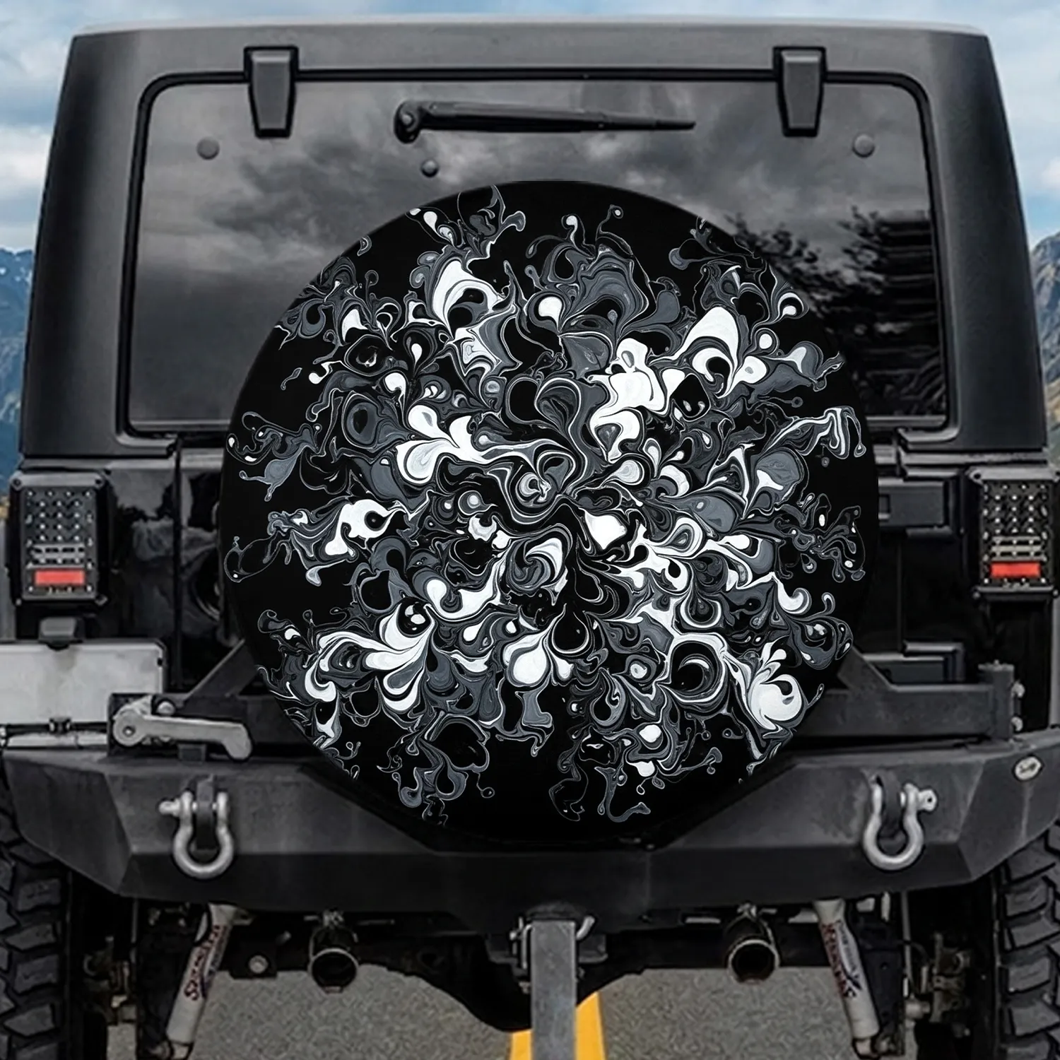 Black White Swirling Lines Organic Forms Marble - Road Trip Essentials Gift Spare Tire Cover - 1