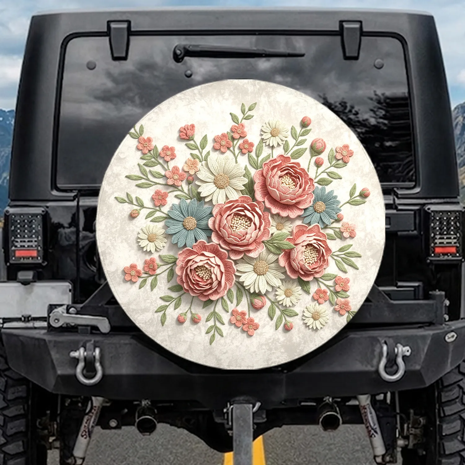 Blush Pink Peony Teal Daisy Blossoms Sage Green Leaves - Home Decor Gift Spare Tire Cover - 1