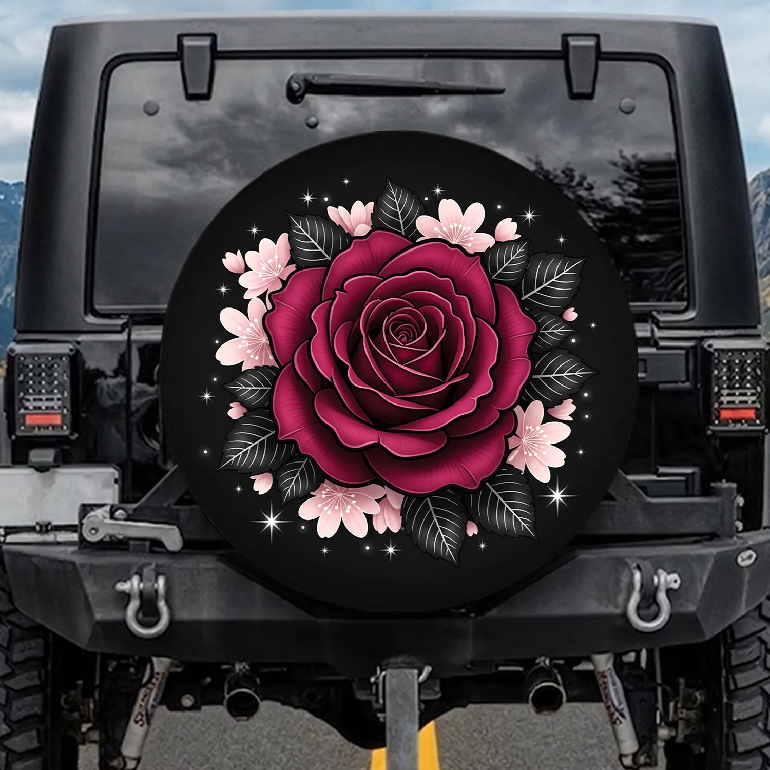 Dramatic Deep Magenta Rose Dark Foliage Light Pink Floral White Starburst - Home Decor Gift Spare Tire Cover - 1