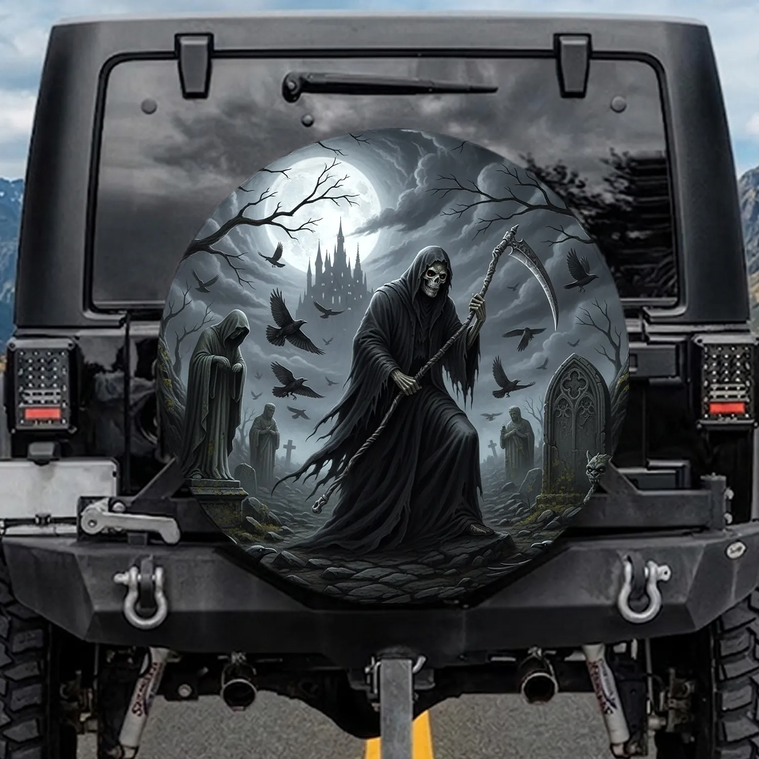Grim Reaper Scythe Gothic Castle Full Moon - Halloween Party for Horror Lover Spare Tire Cover - 1