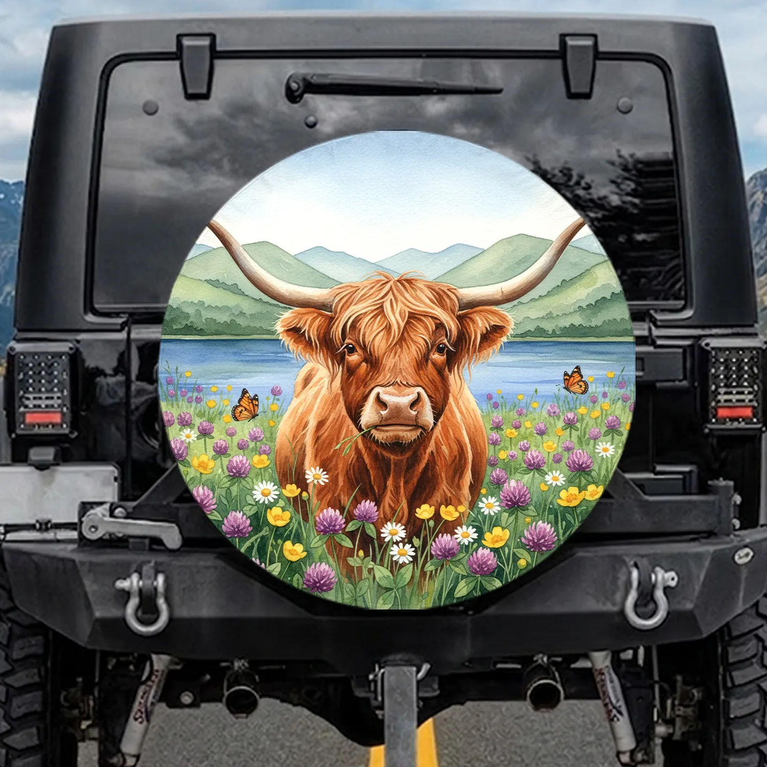 Highland Cow Wildflower Meadow - Farmhouse Home Decor Gift for Cow Lover Spare Tire Cover - 1