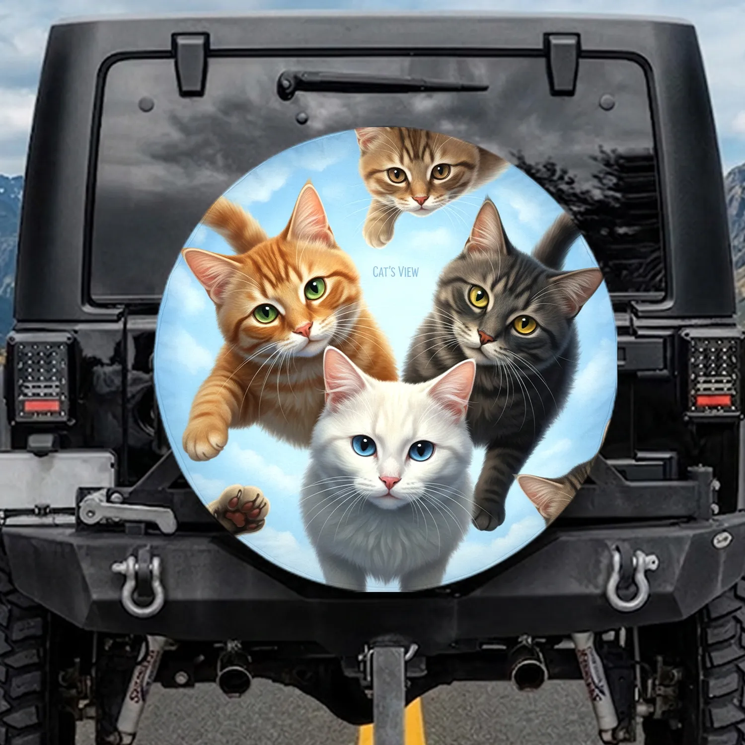 Close-up Curious Tabby Cat Group Blue Sky Clouds - Car Accessory Cat Lover Gift Spare Tire Cover - 1