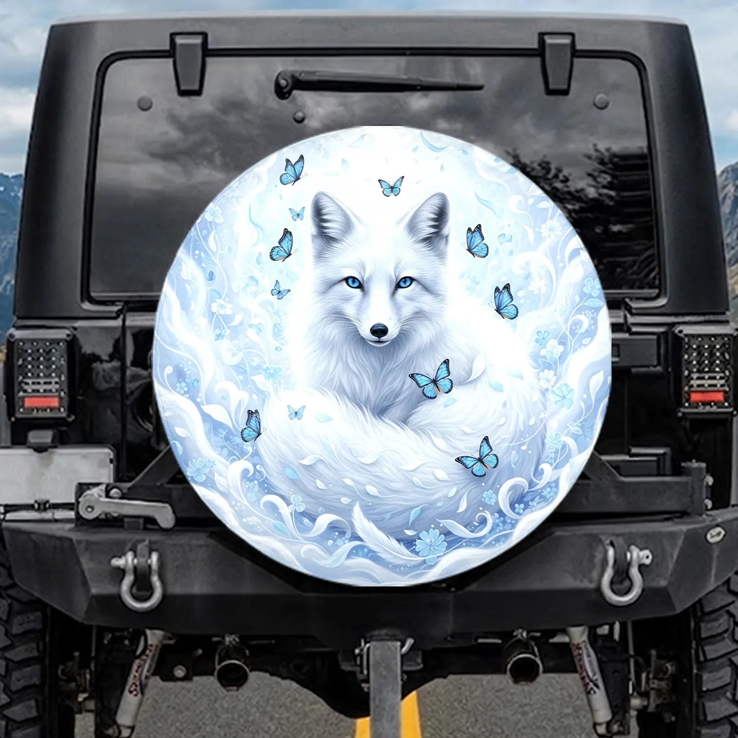 White Arctic Fox Blue Monarch Butterflies Ice Petals - Wildlife Lover Gift Spare Tire Cover - 1