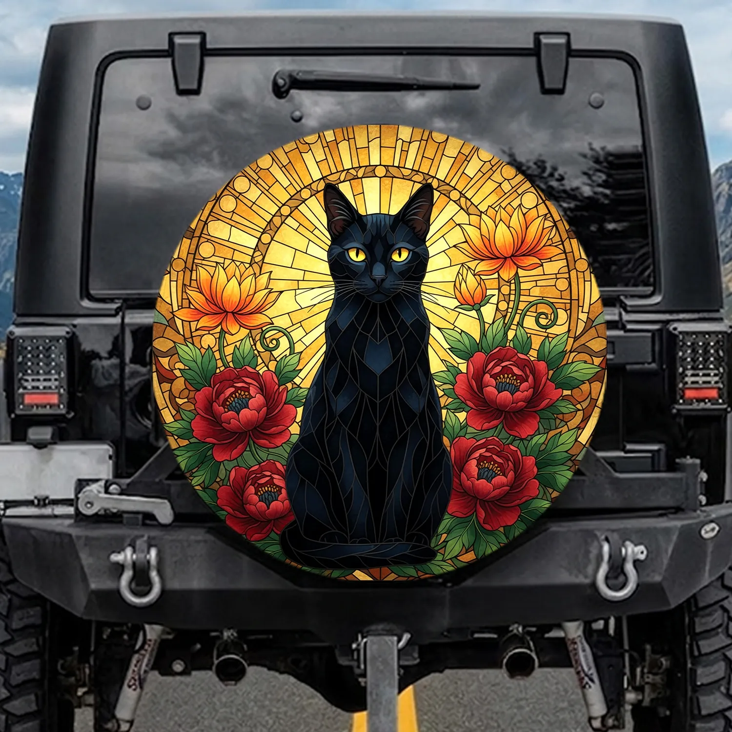 Black Cat Peony Lotus Floral Sunburst - Home Decor Gift for Cat Lover Spare Tire Cover - 1