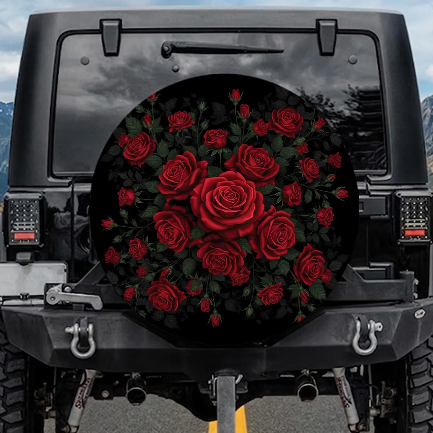 Velvet Deep Red Roses Dark Foliage Black Background - Gothic Romantic Home Decor Gift Spare Tire Cover - 1