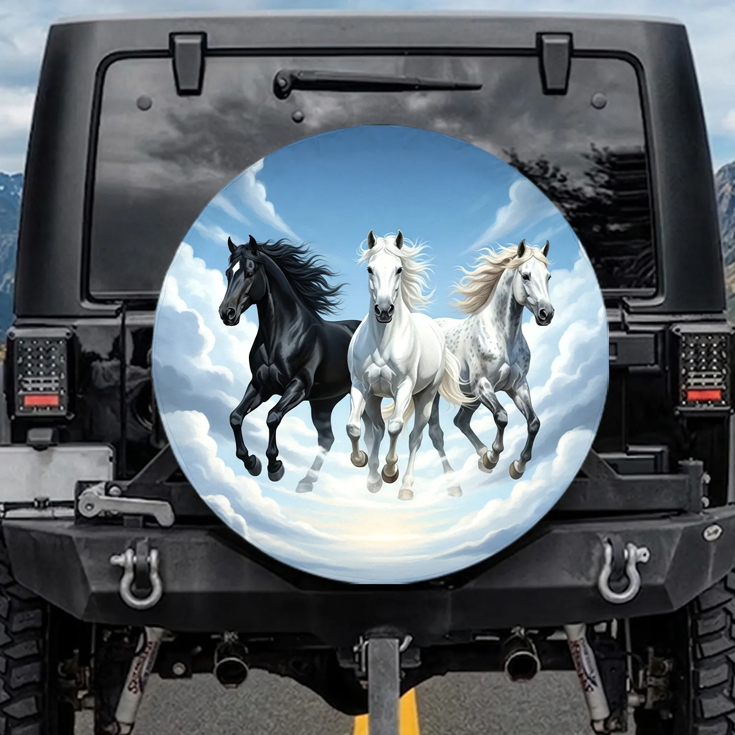 Galloping Trio Horses Blonde Mane Cloud Sky - Nature Lover Gift for Equestrians Spare Tire Cover - 1
